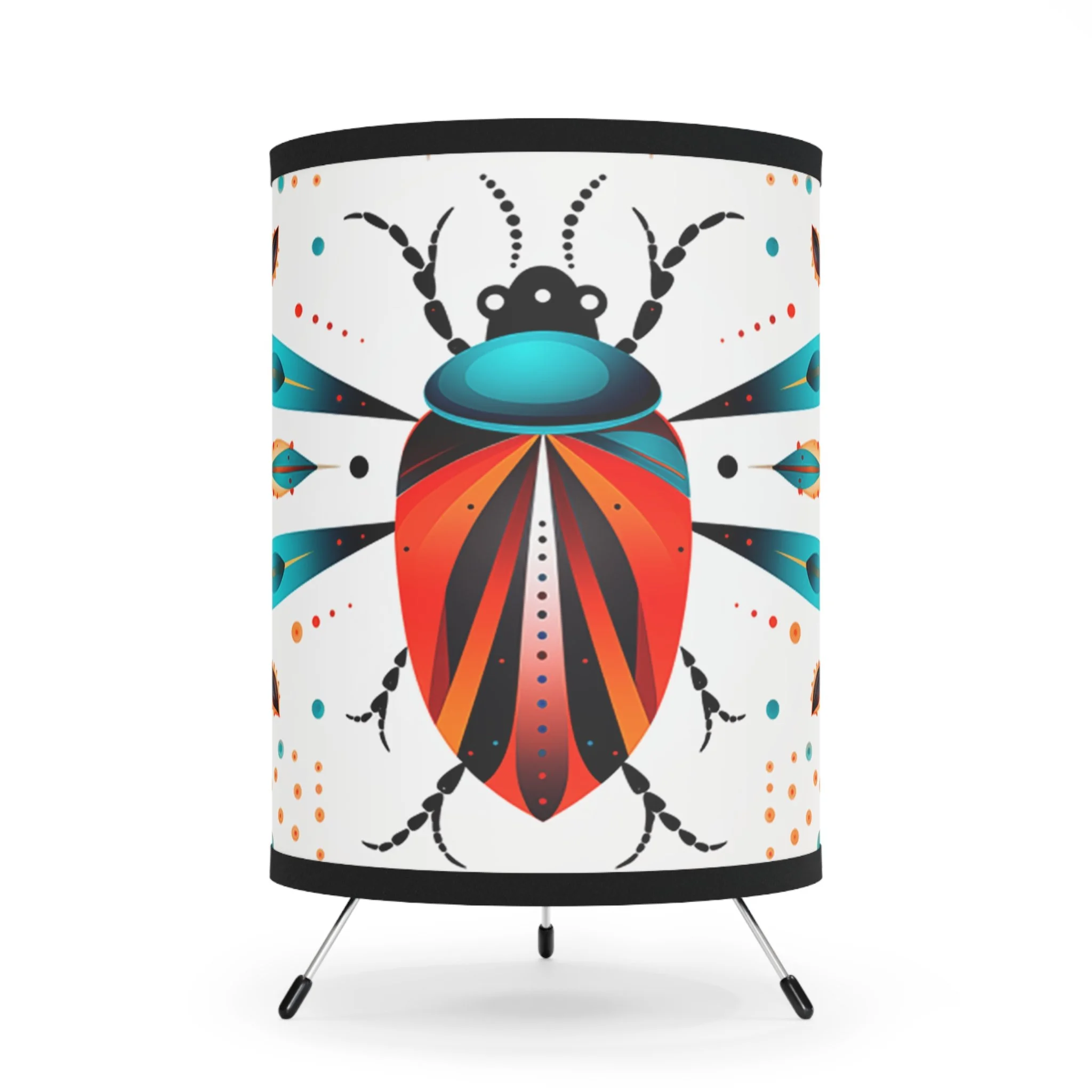 A table lamp with a decorative shade featuring a colorful, stylized insect design, including a black head colorful geometric patterns.