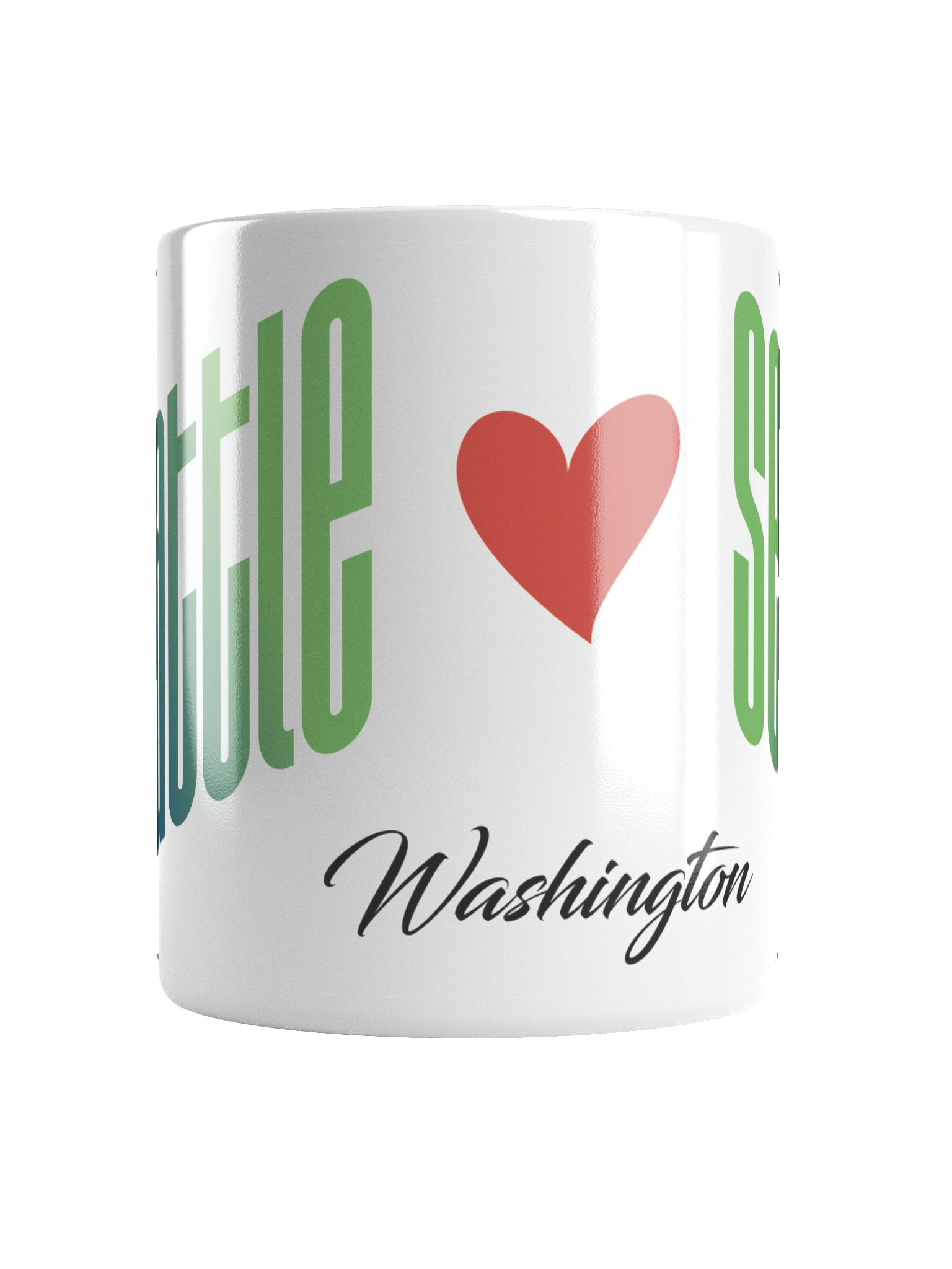 White mug with green text that reads 'I Love' and a red heart, followed by black cursive text that says 'Washington'