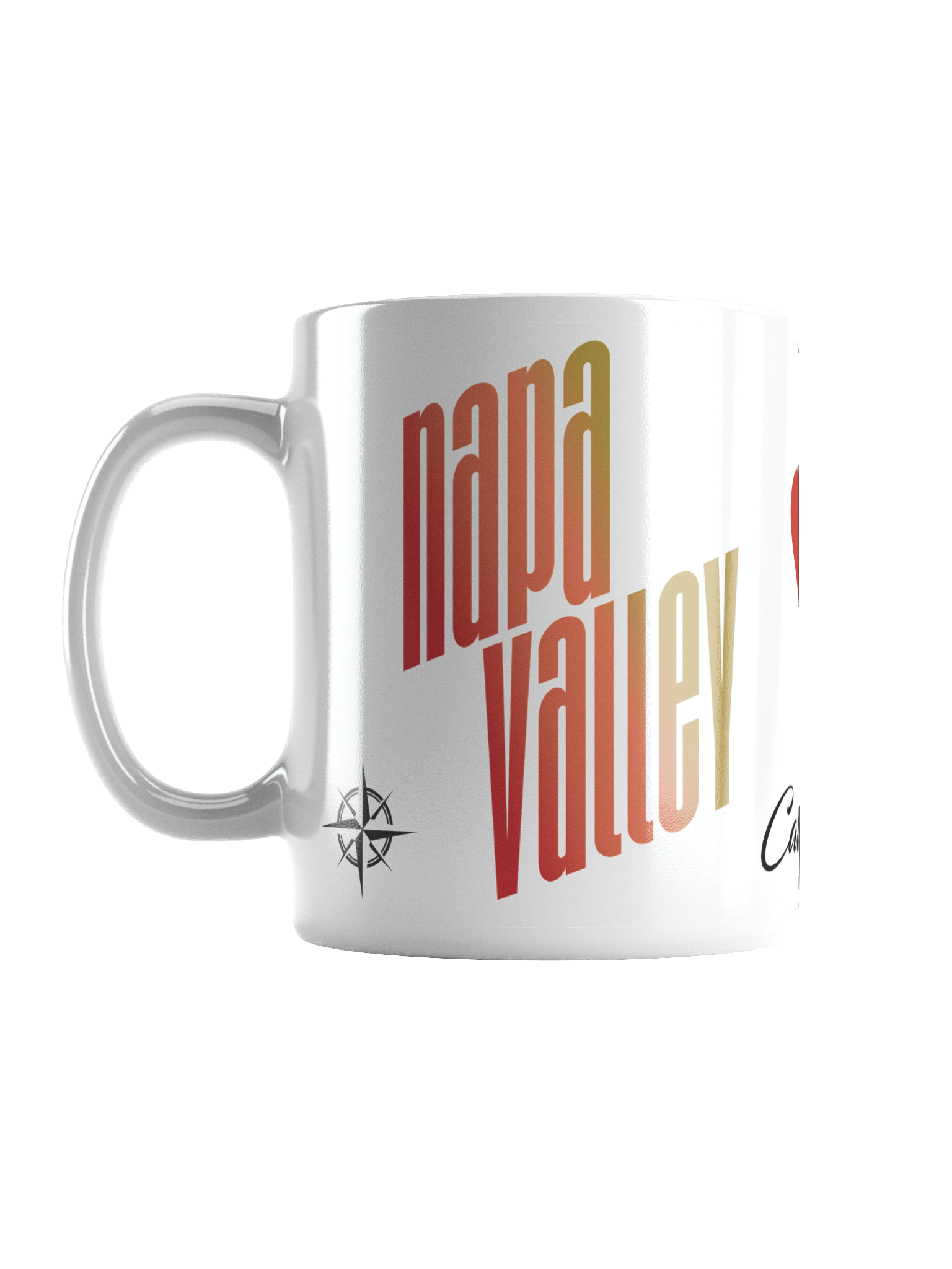 A white ceramic mug featuring bold, vertical text in shades of red, orange, and yellow that says "napa valley" with a small compass logo underneath.