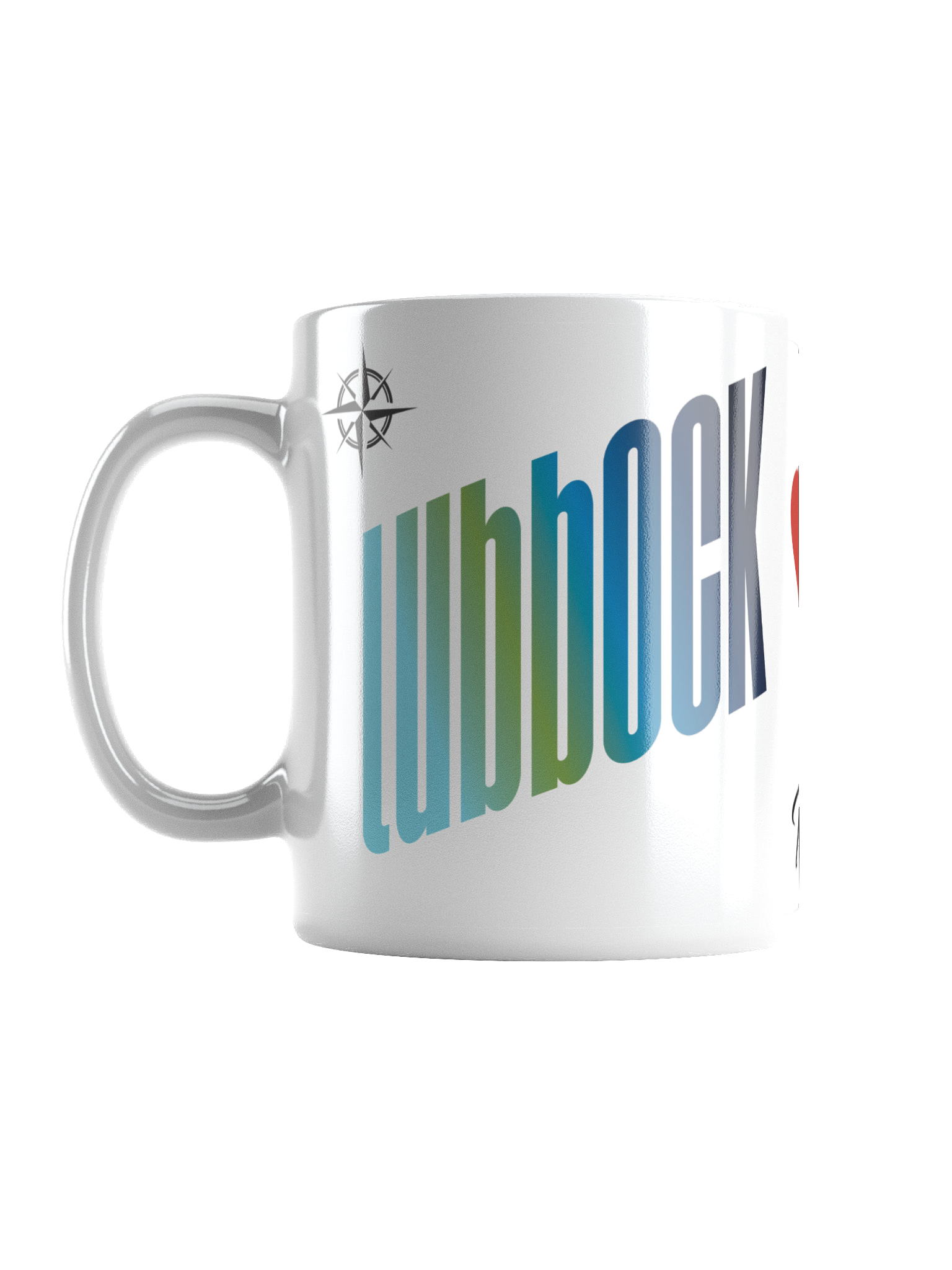 Close-up of a white mug with colorful text and a small black and gray compass logo near the handle.
