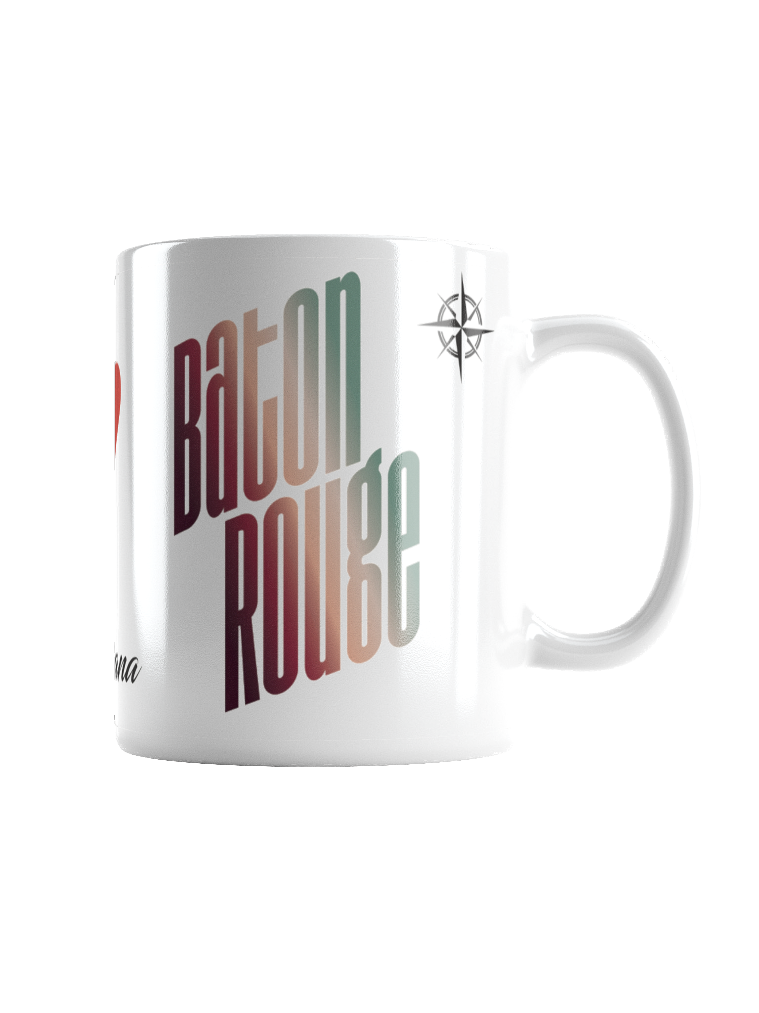 Close-up of a white mug with a red and orange text design that says 'Baton Rouge' in stylized vertical font, and a black compass rose symbol near the handle.