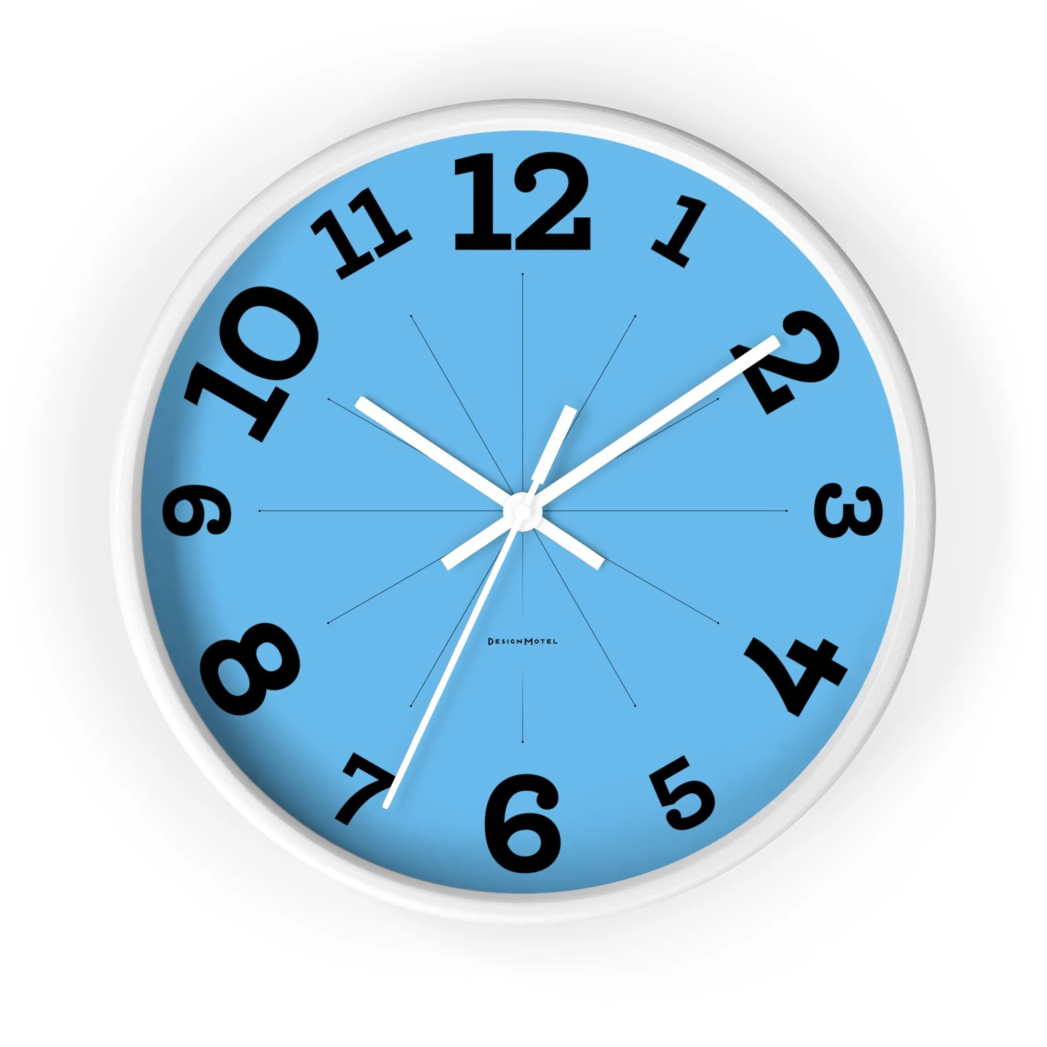 Wall clock with a bright blue face, black bold numbers, white hour and minute hands, and a white second hand, showing the time as 10:11:40.