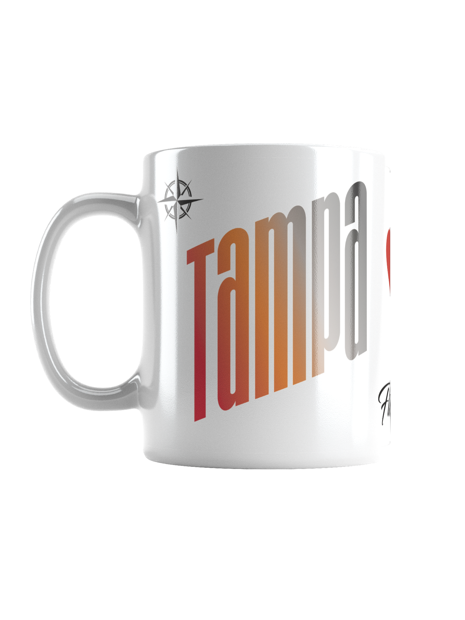Close-up of a white coffee mug with the word "TAMPA" in bold orange and gray letters, and a black logo of a compass on the side.