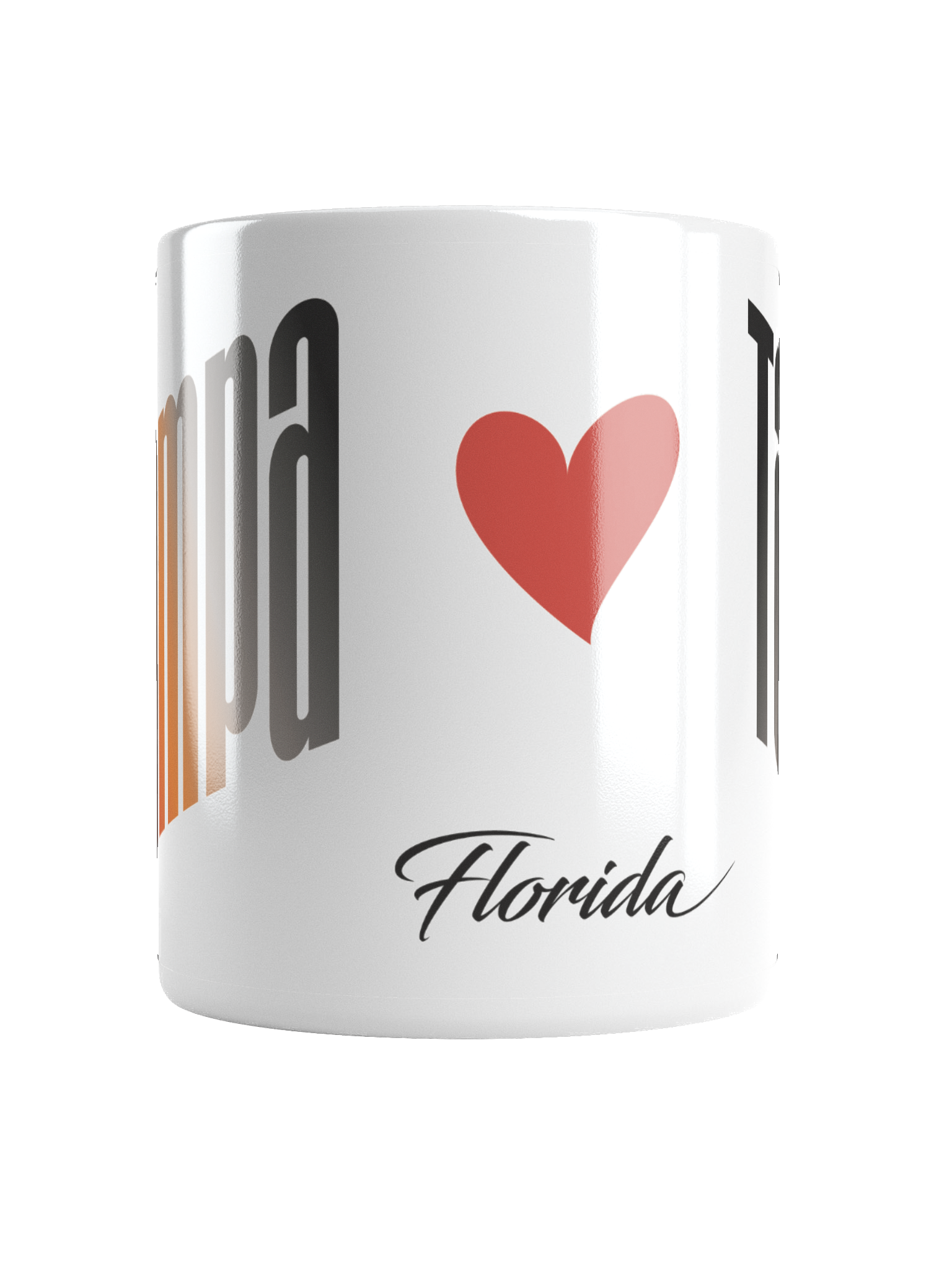 A white ceramic mug with the word 'Florida' written in black cursive and a red heart symbol next to it.