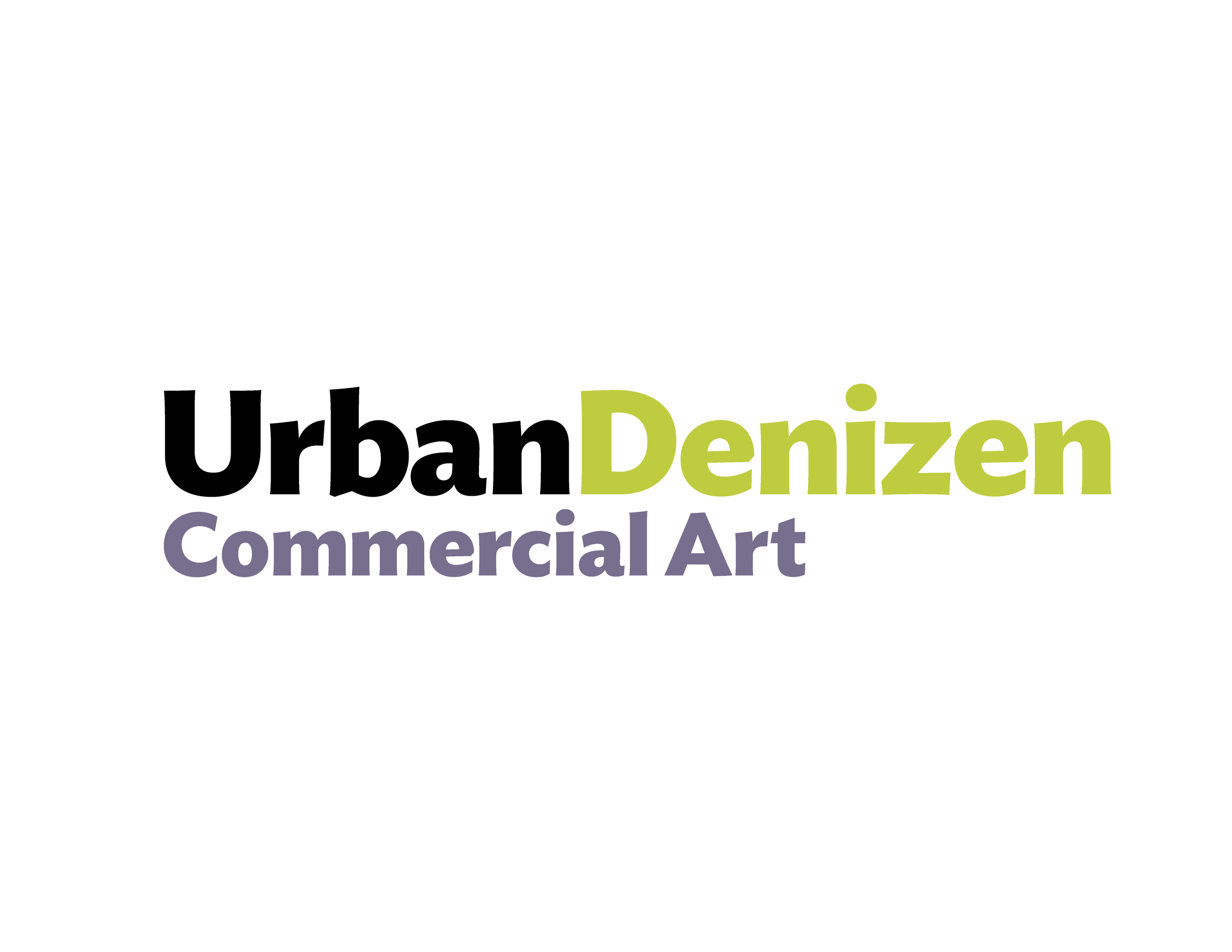 Word mark that reads 'Urban Denizen' in black and lime green sans serif type with 'Commercial Art' smaller, in gray, below.