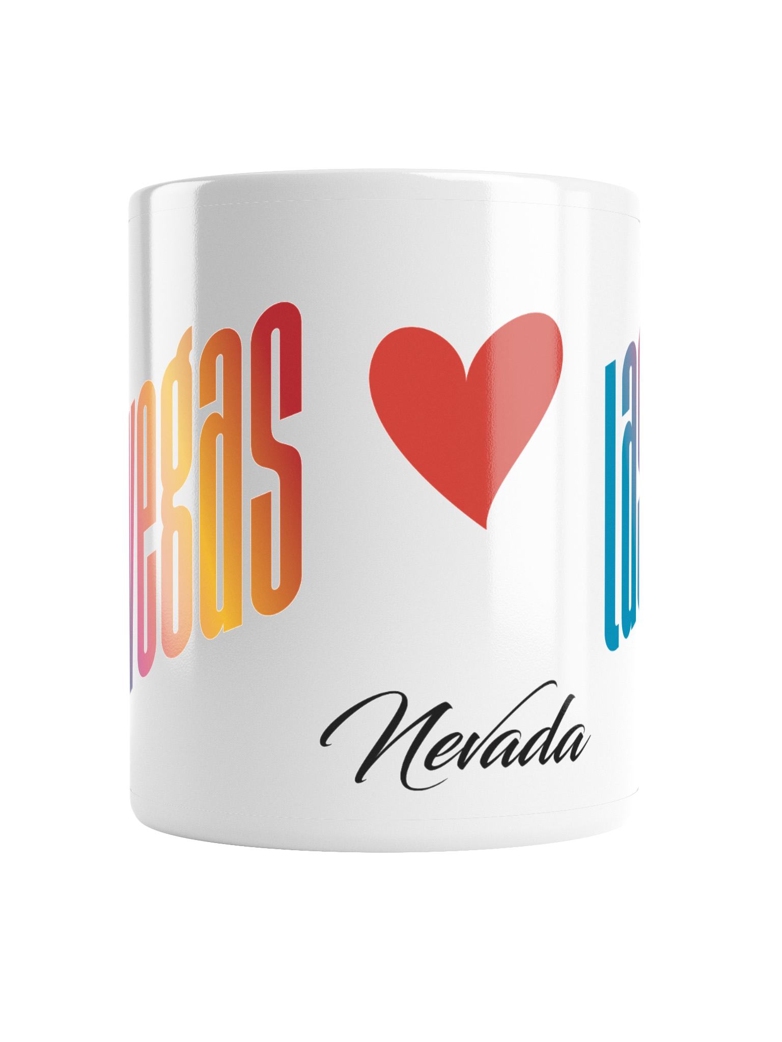 Close-up of a white mug with colorful text and a red heart, featuring the state "Nevada" in black script below.