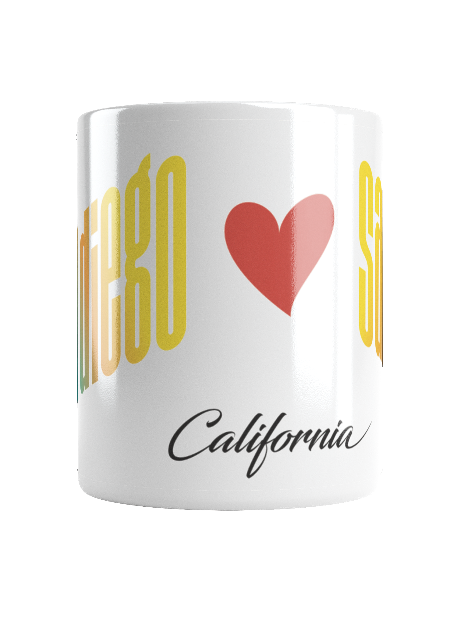 A white ceramic mug with the word 'California' written in black script and a red heart symbol above the text.