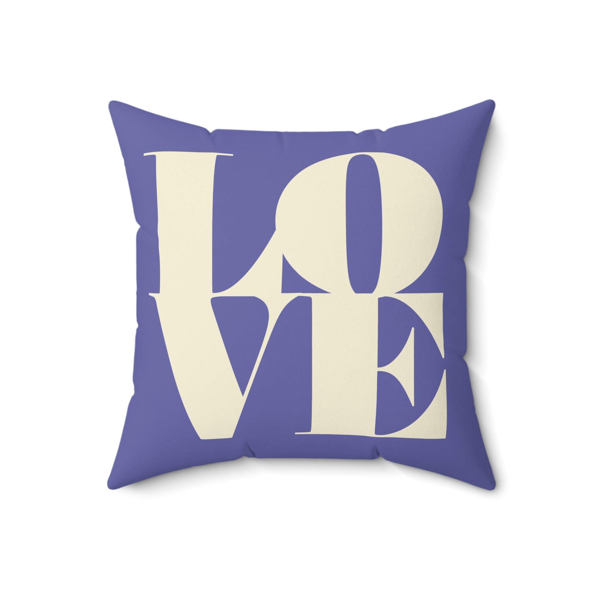 Blue decorative pillow with the word 'LOVE' in stylized white letters.