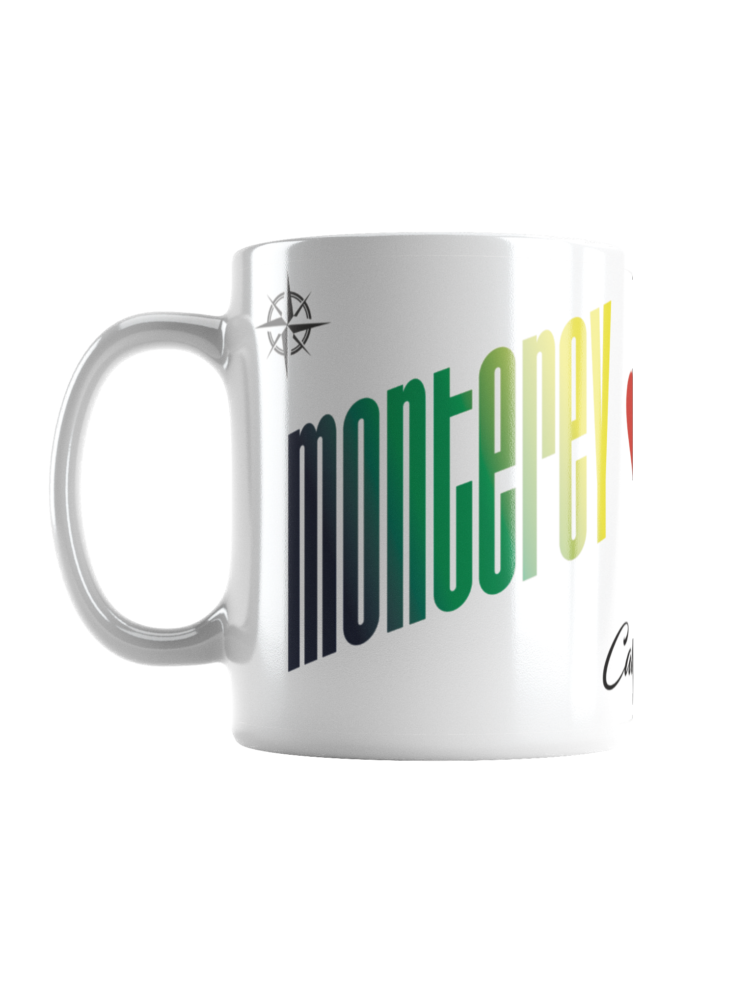 White ceramic coffee mug with multicolored vertical stripes spelling 'MONTANA'.