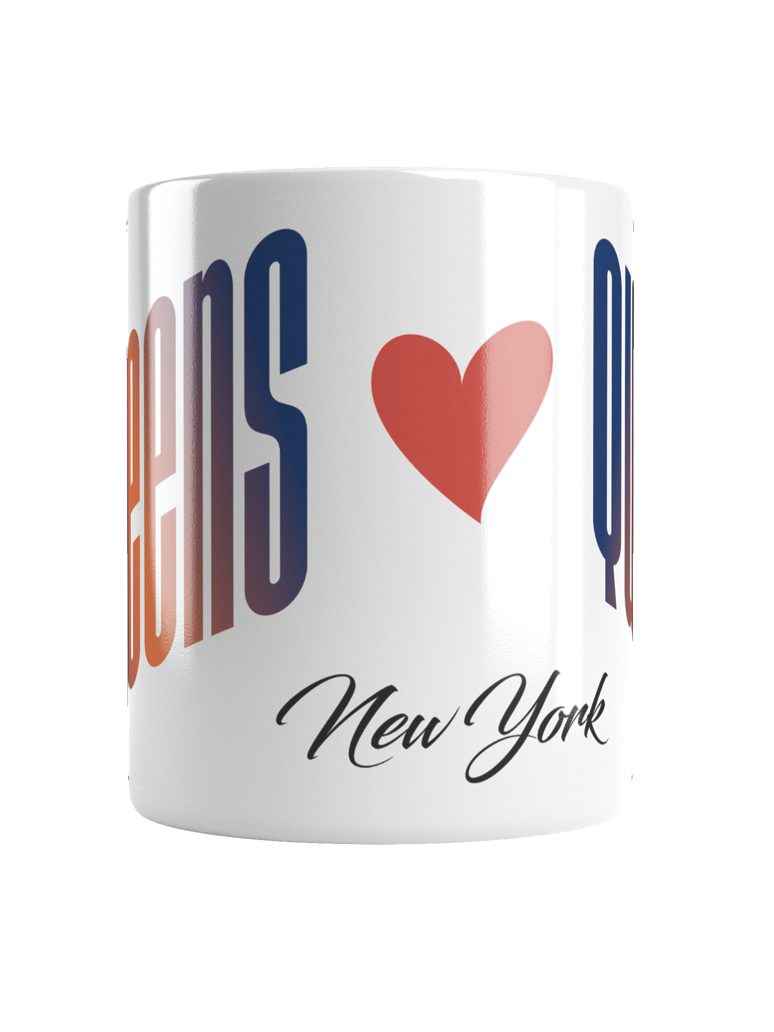 Close-up of a white mug with the words 'I love New York' written on it, the words 'I' and 'love' are represented by a red heart, and the mug features a partial logo with the word 'New York' in a cursive font.
