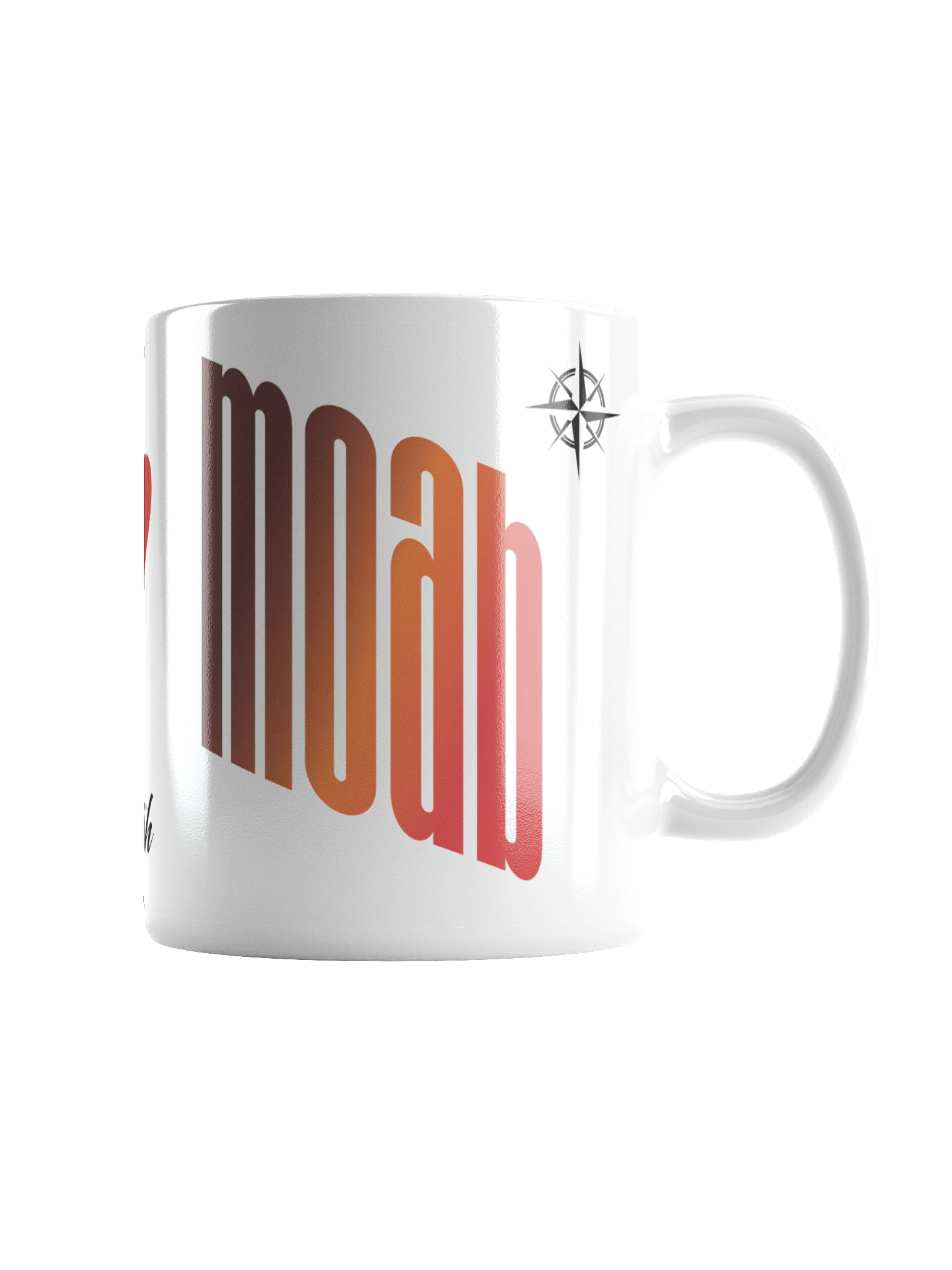 Close-up of a white ceramic mug with a design that features the word 'hope' in vertical, stylized orange and pink letters, and a small black star-shaped compass symbol near the handle.