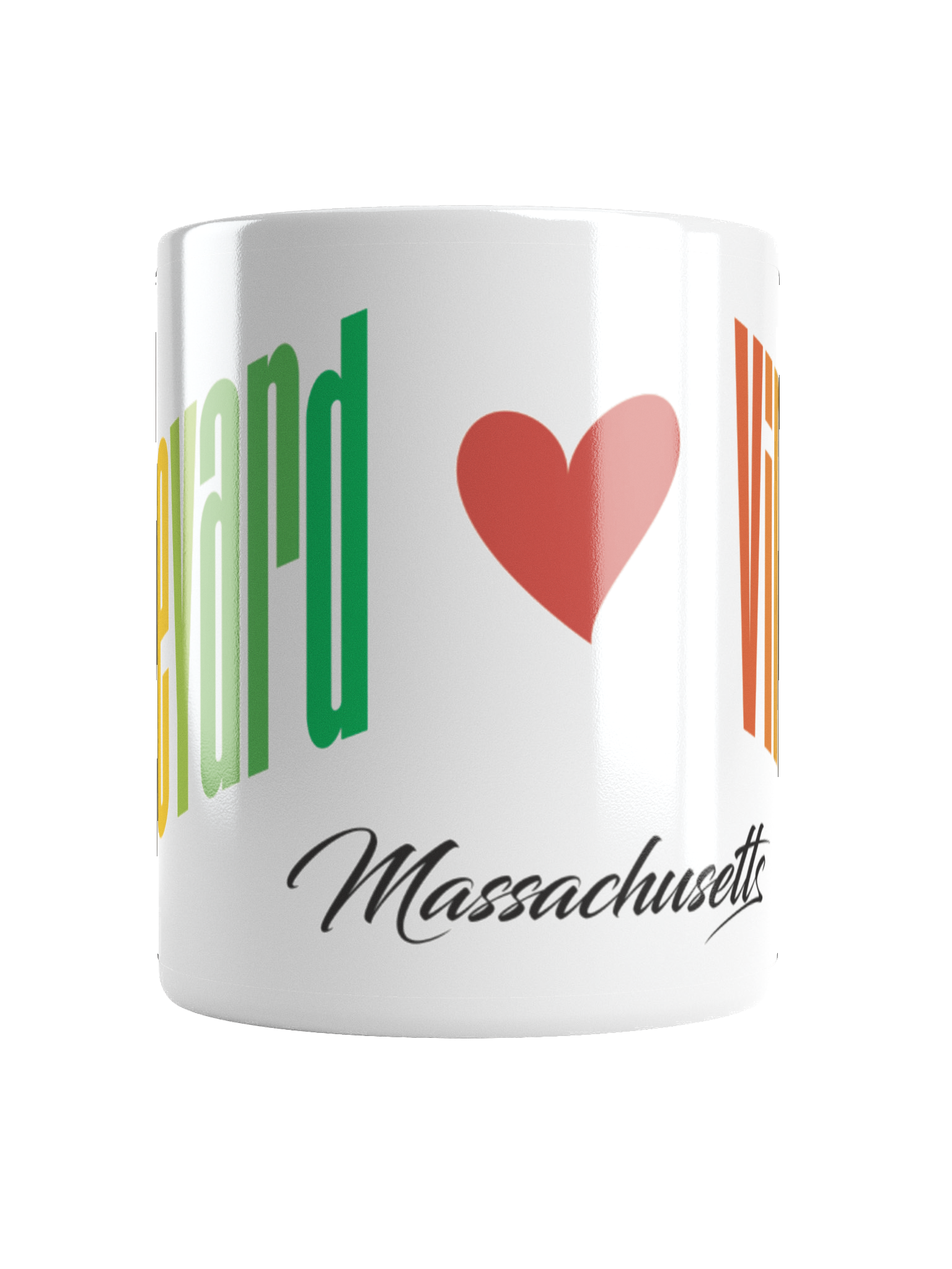 A white mug with the text 'fund a Massachusetts' and a red heart symbol.
