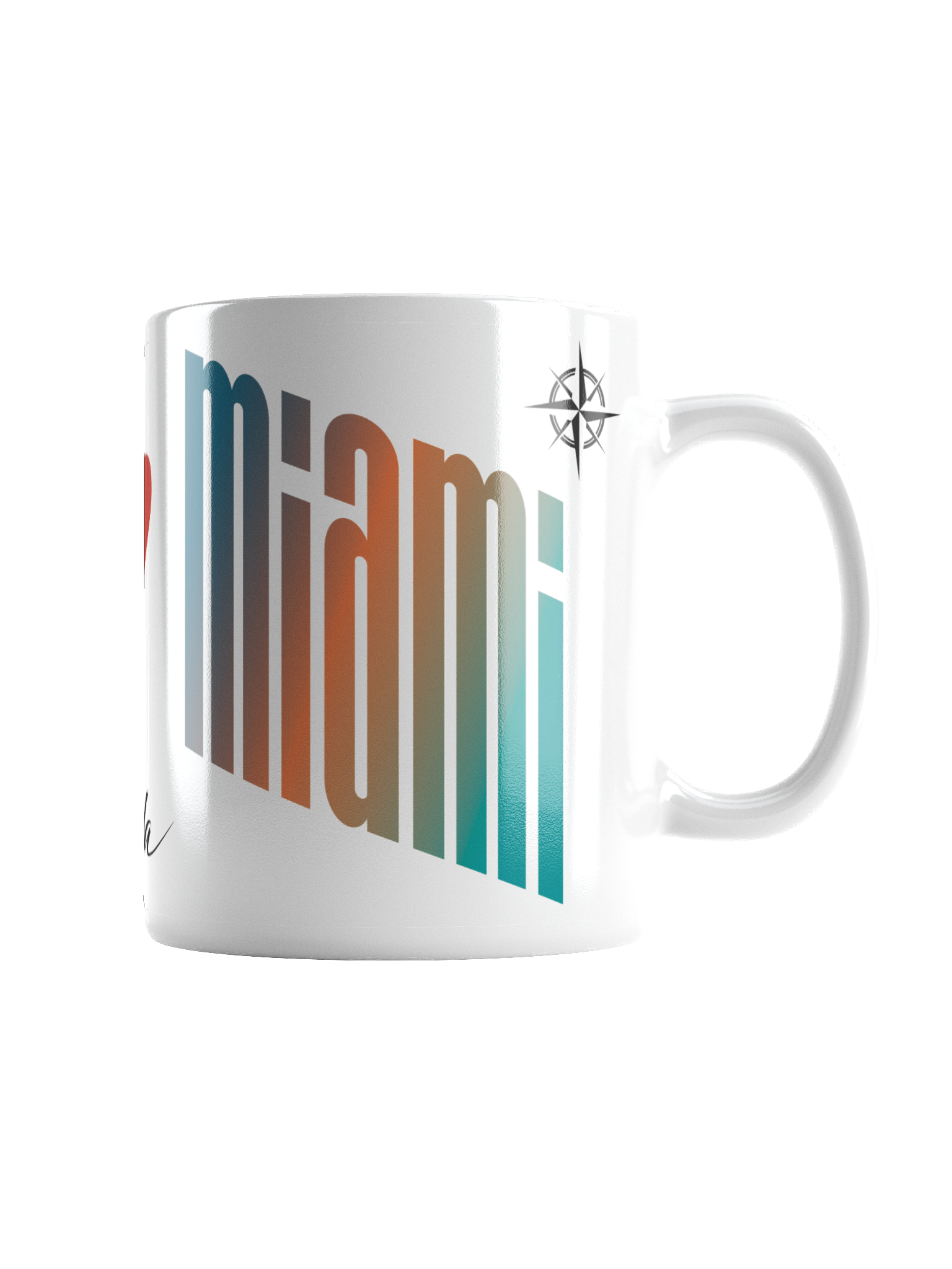Close-up of a white ceramic mug with colorful, bold text and a small compass rose design near the handle.