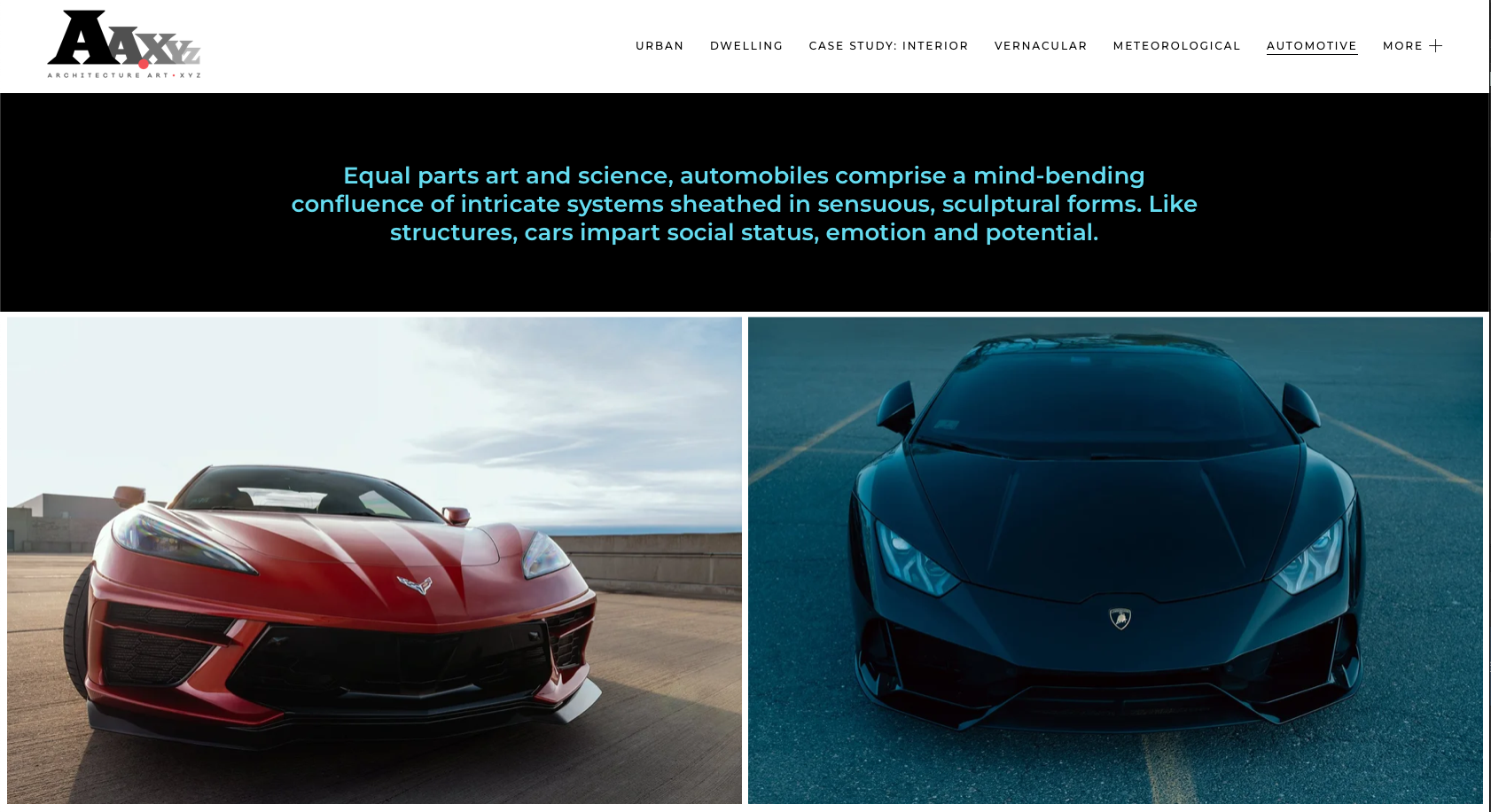 Automotive homepage for ArchitectureArt.xyz, featuring front-view angles of a red Chevy Corvette beside a black Lamborghini Huracan in two separate photographs.