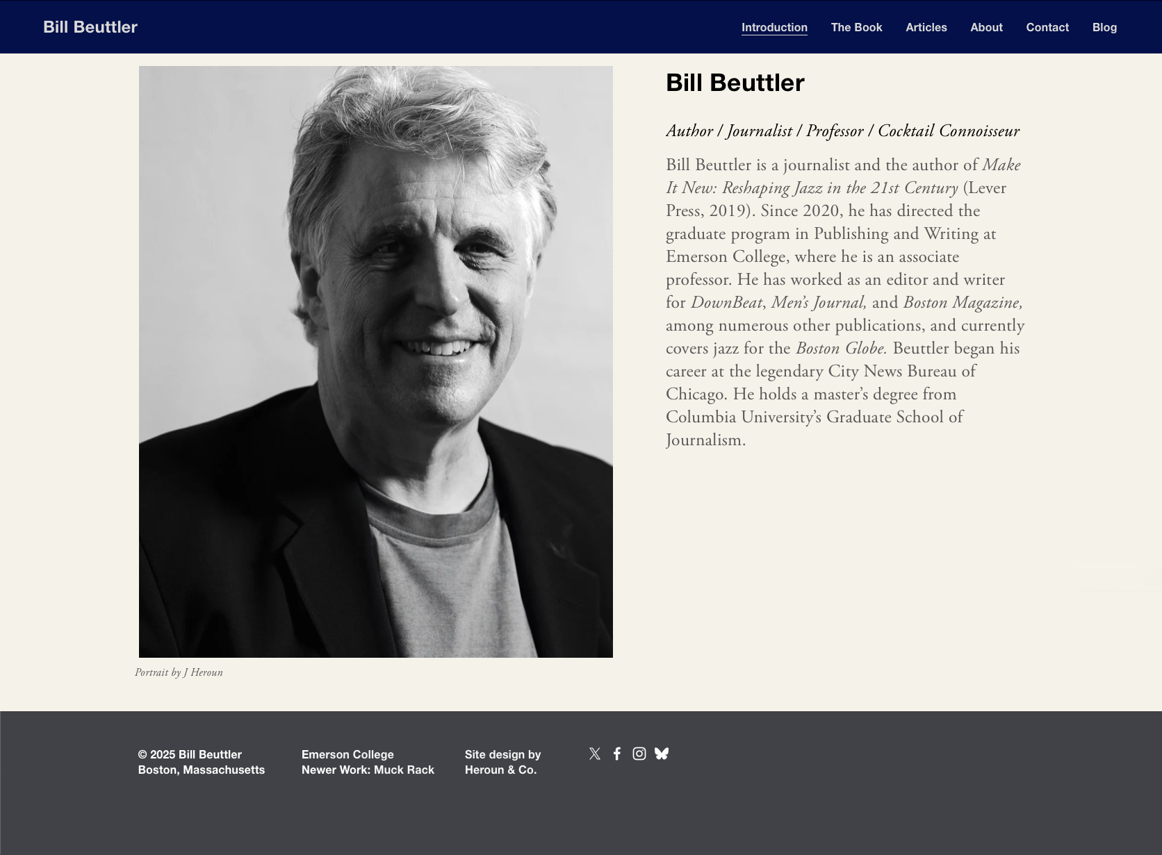 Homepage for BillBeuttler.com, featuring a high-contrast black and white portrait of the author against a pale yellow background with black text, a dark blue navigation bar, and a dark gray footer.