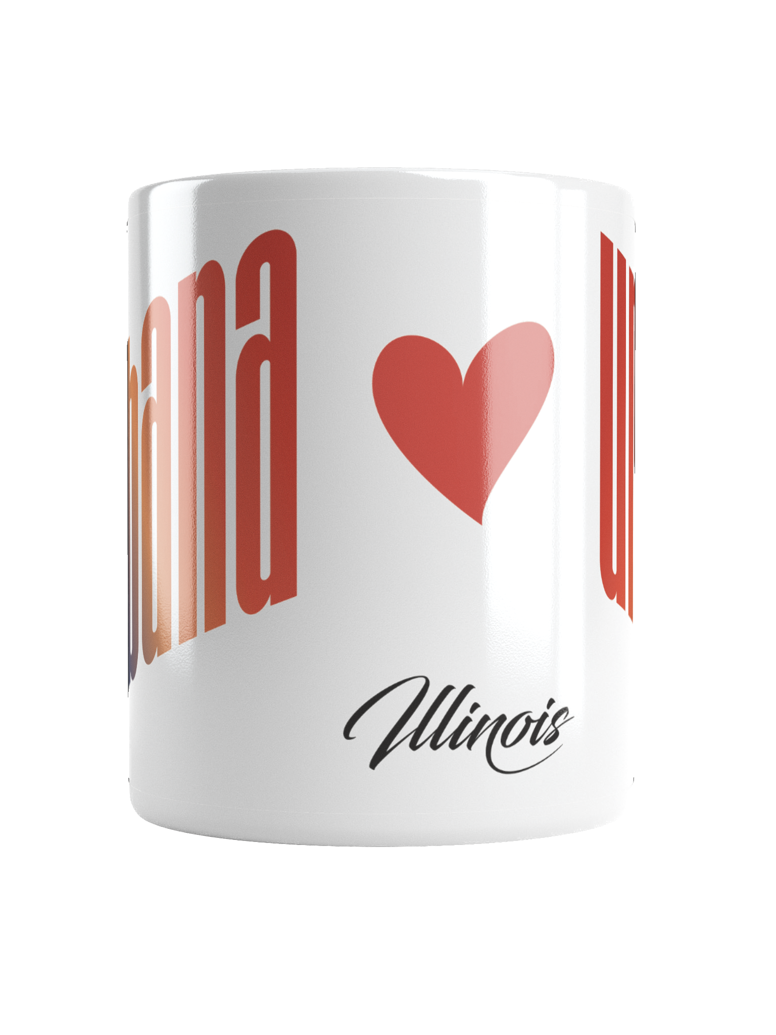 A mug featuring the word 'Love' in stylized red font with a heart, and the word 'Illinois' written below in cursive.