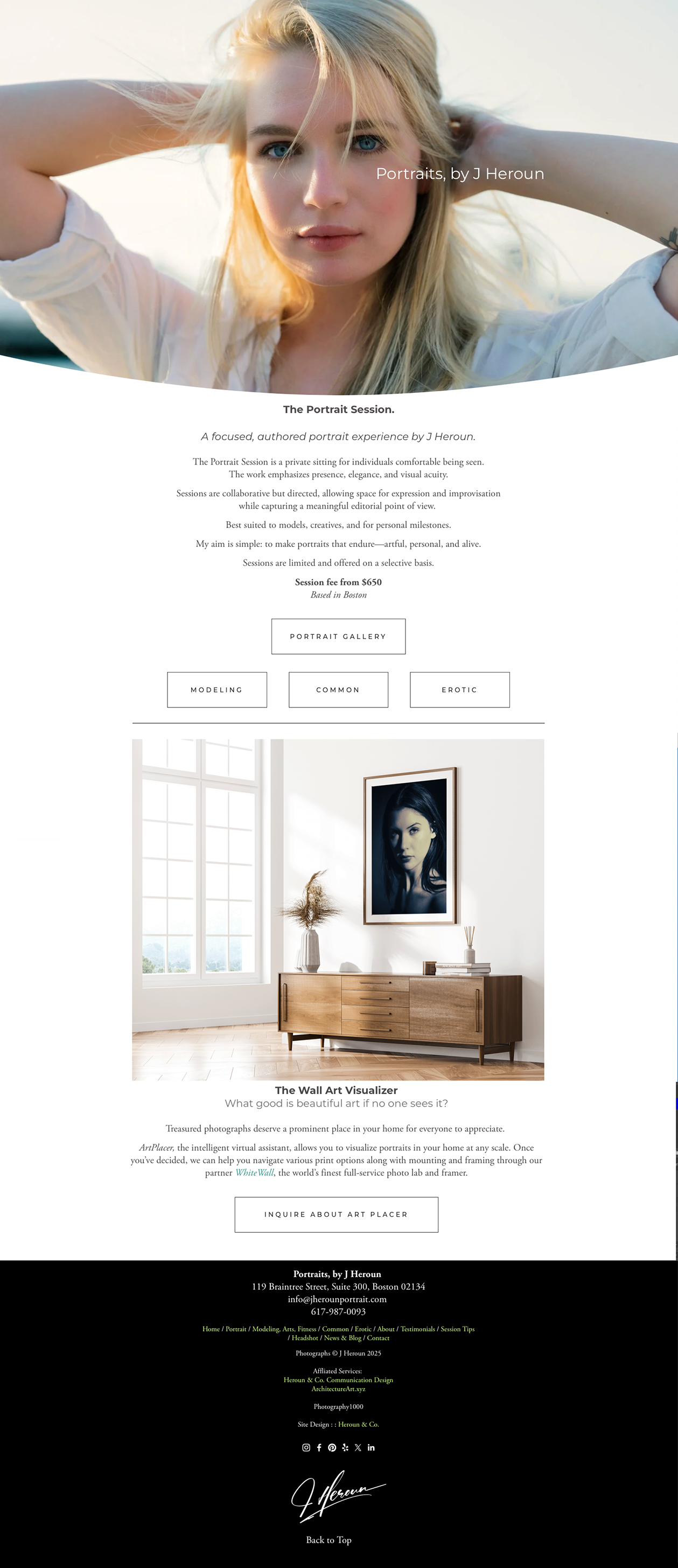 Home page for J Heroun Portrait Photography website. It features a young blonde woman in backlit sunlight with her arms raised and hands behind her head.