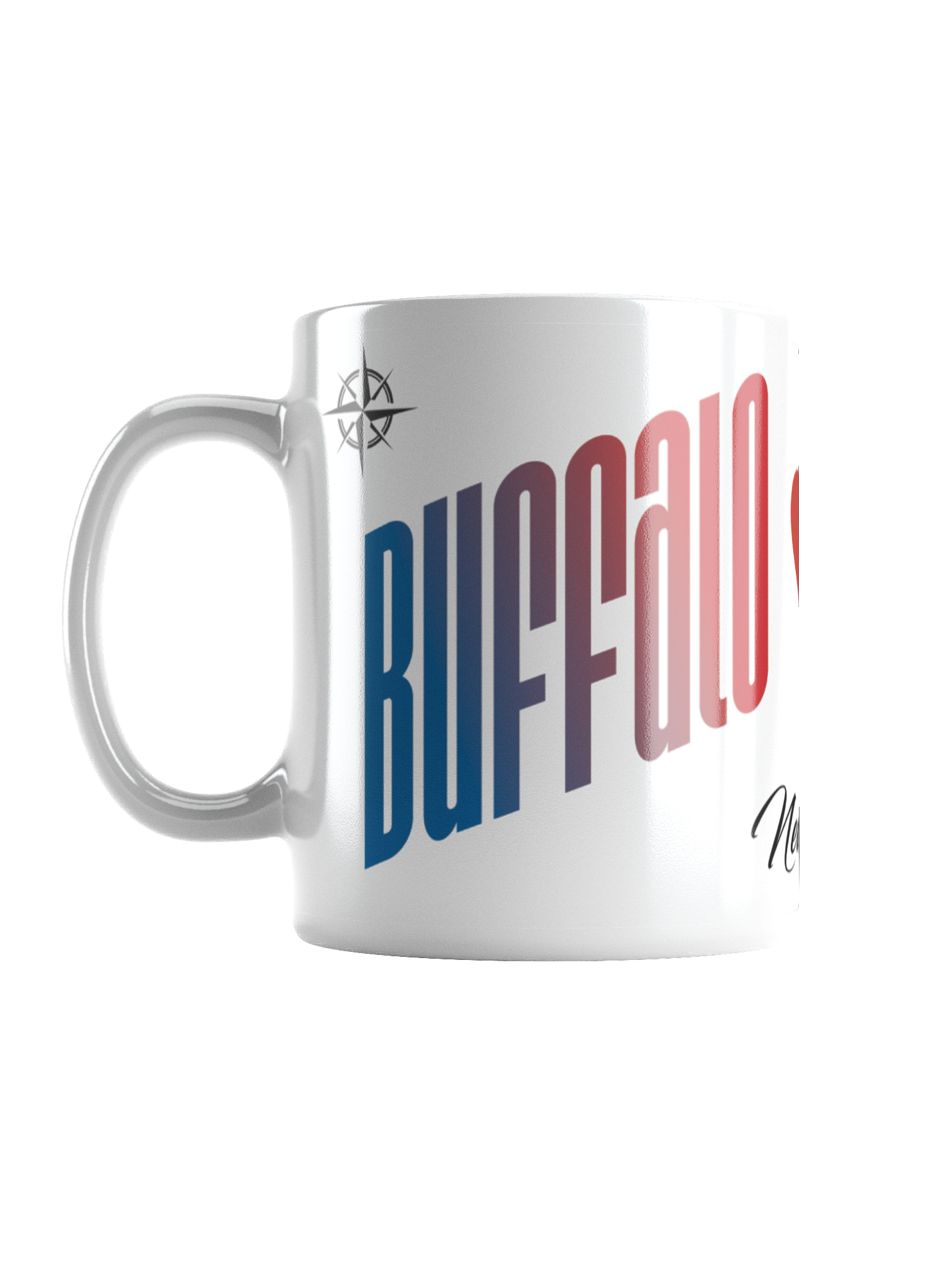 A white ceramic mug with the words 'Buffalo' printed vertically in bold, gradient colors from blue to red.