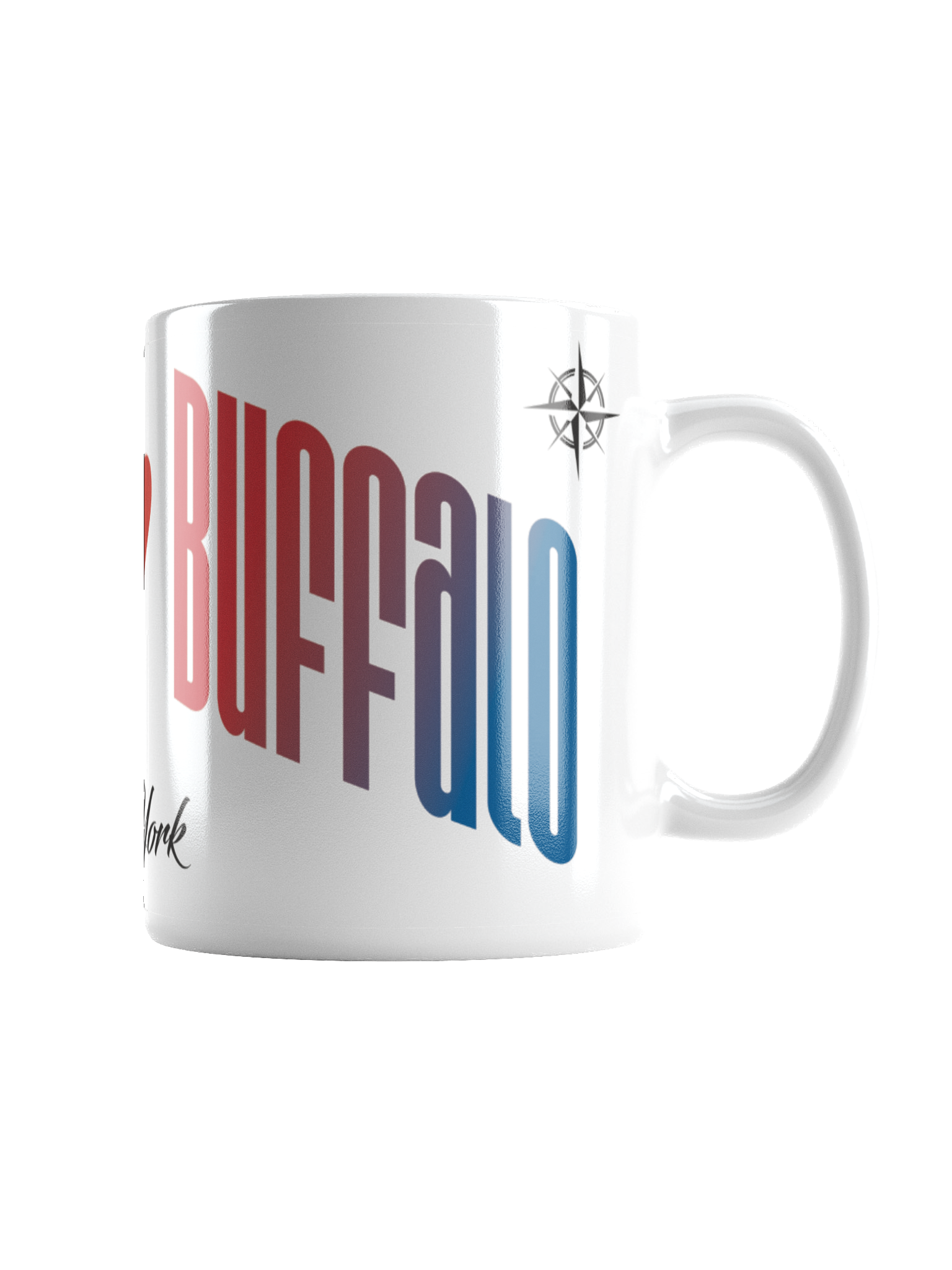 Close-up of a white coffee mug with the word 'Buffalo' written in large, vertical rainbow-colored letters, and a black signature at the bottom left corner.