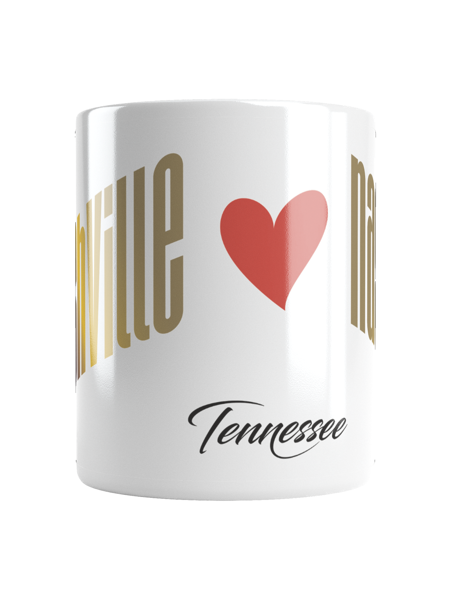A white souvenir mug with gold and red text that says 'I ❤️ Tennessee' in stylized fonts.