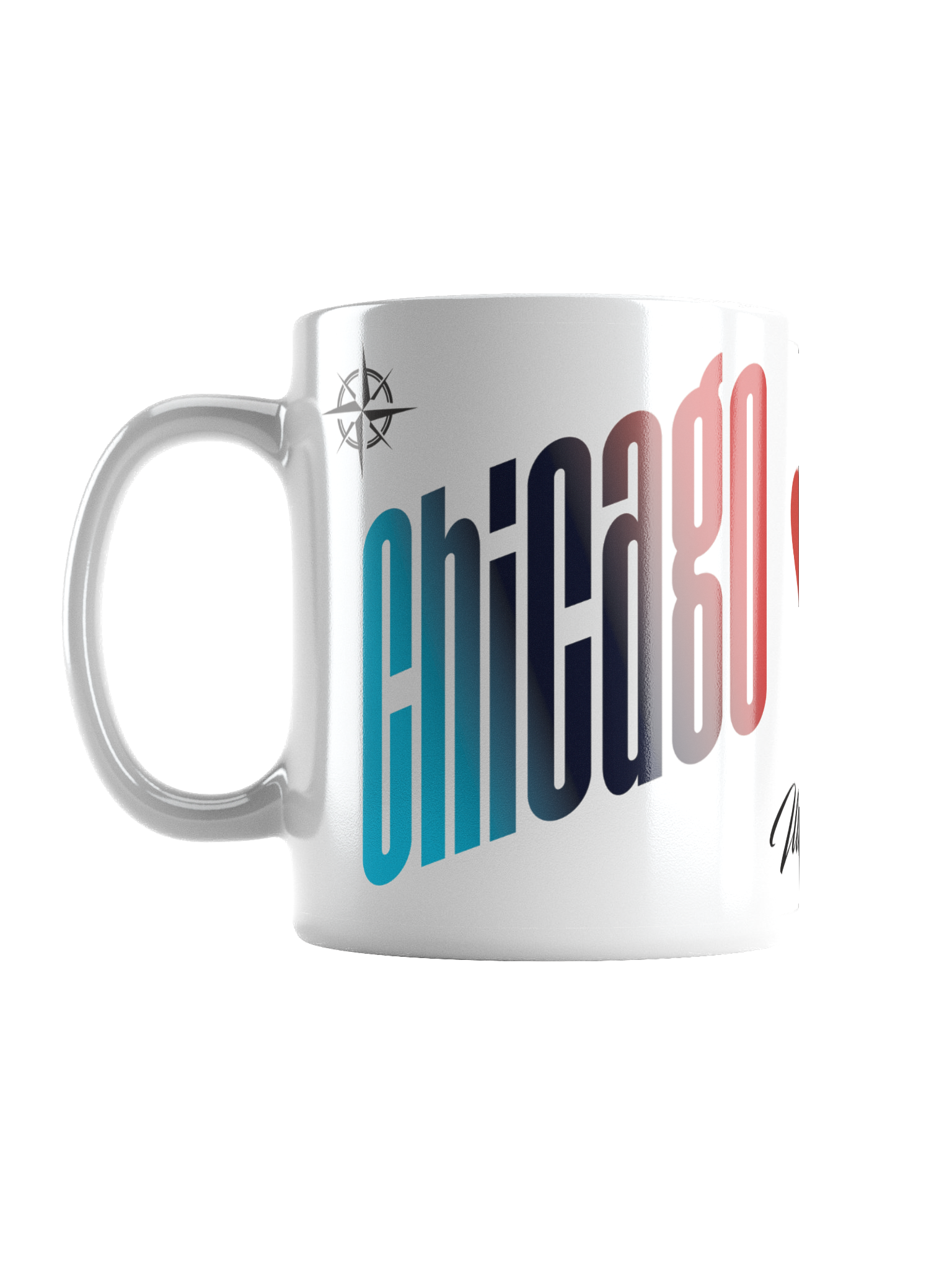 A white ceramic mug with a colorful, stylized text design that is partially visible, reading 'Chicago' in large, bold letters with a gradient from blue to red. The mug also features a small compass symbol near the handle.