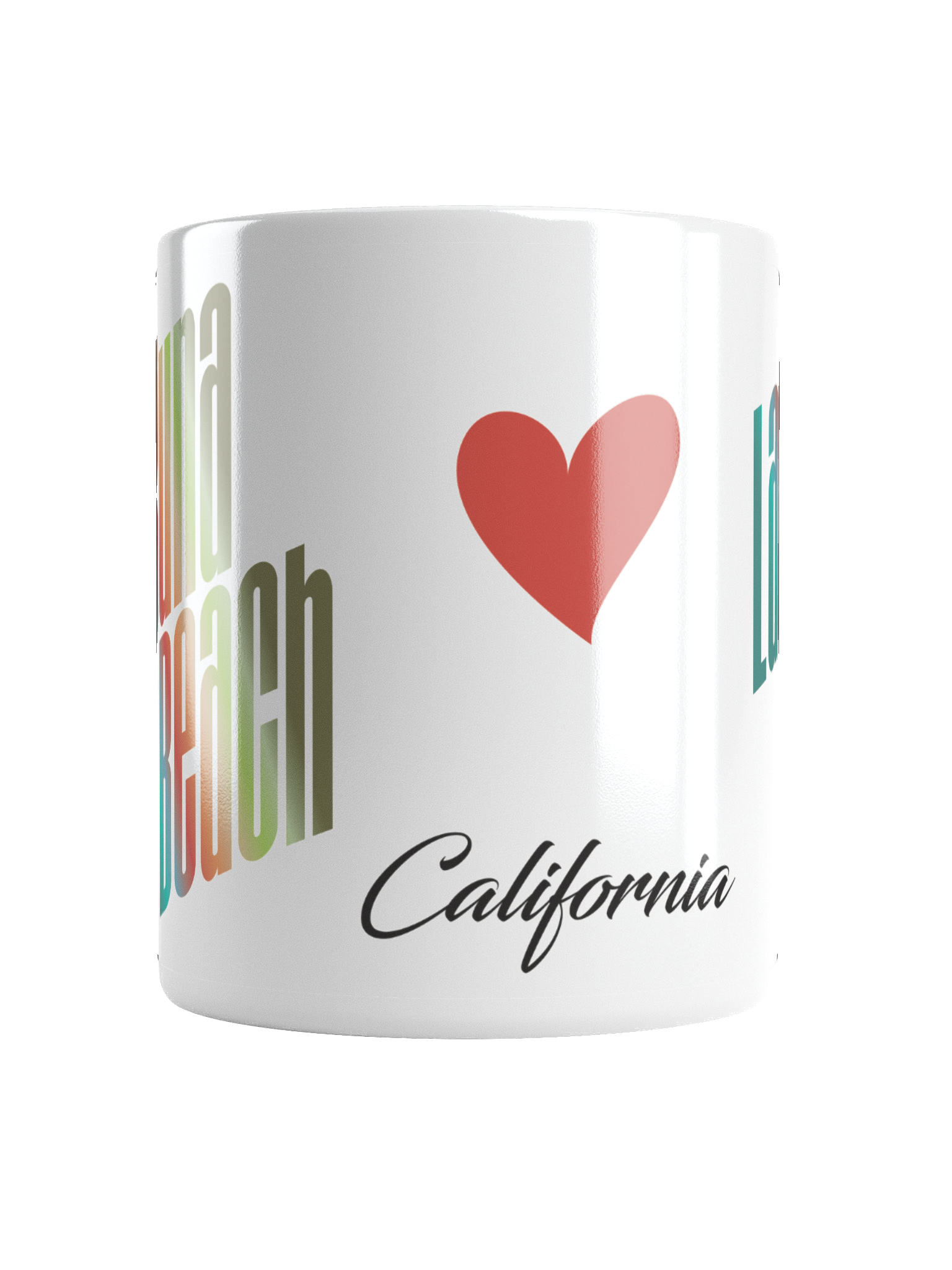 A white mug features a red heart symbol and the state name 'California' in black script below.