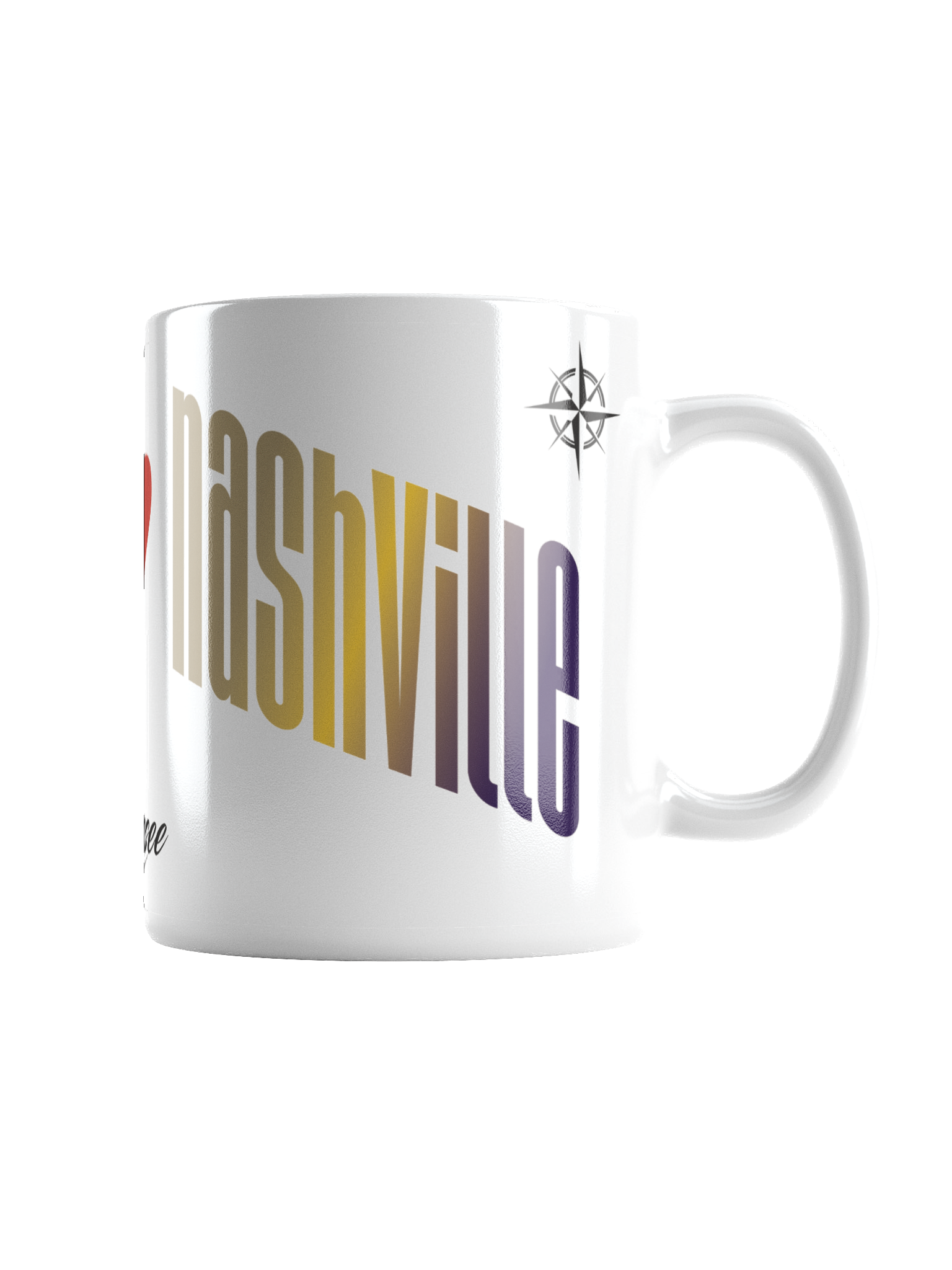 Close-up of a white ceramic mug with colorful text and a compass logo on the side, against a black background.