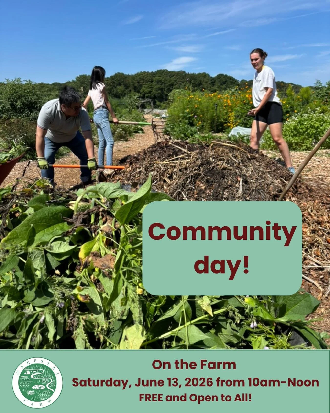 Community Day at Orkestai Farm
Saturday, June 13 | 10:00 AM&ndash;Noon
Bring a friend, family member, neighbor, or simply yourself.
Community Day is free and open to all.
Join us for a morning of shared work and connection on the farm. Help tend crop