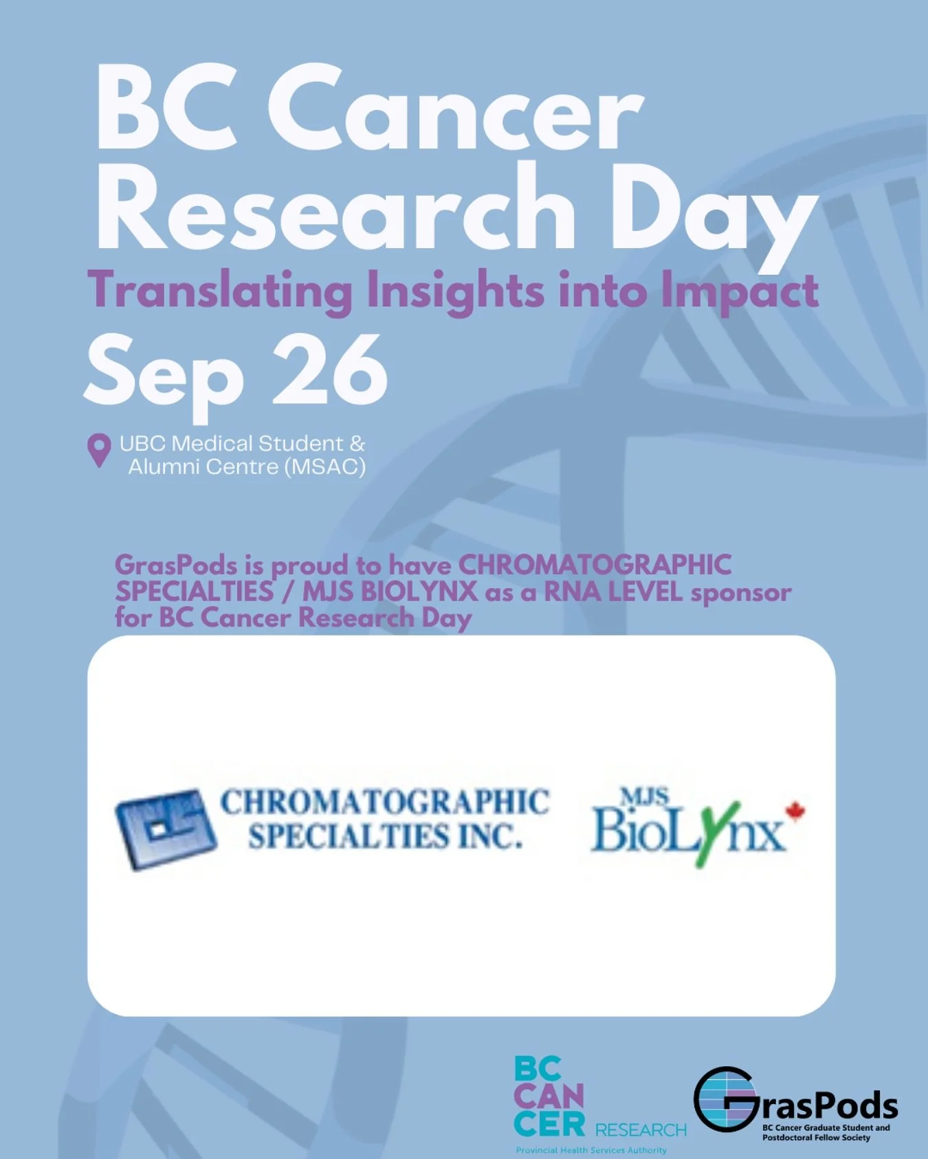 Thank you to Chromatographic Specialities/ MJS BioLynx for supporting BC Cancer Research Day! 😄

Chromatographic Specialties is a family-owned and operated company located in Brockville, Ontario, Canada. For over 60 years, we have specialized in sup