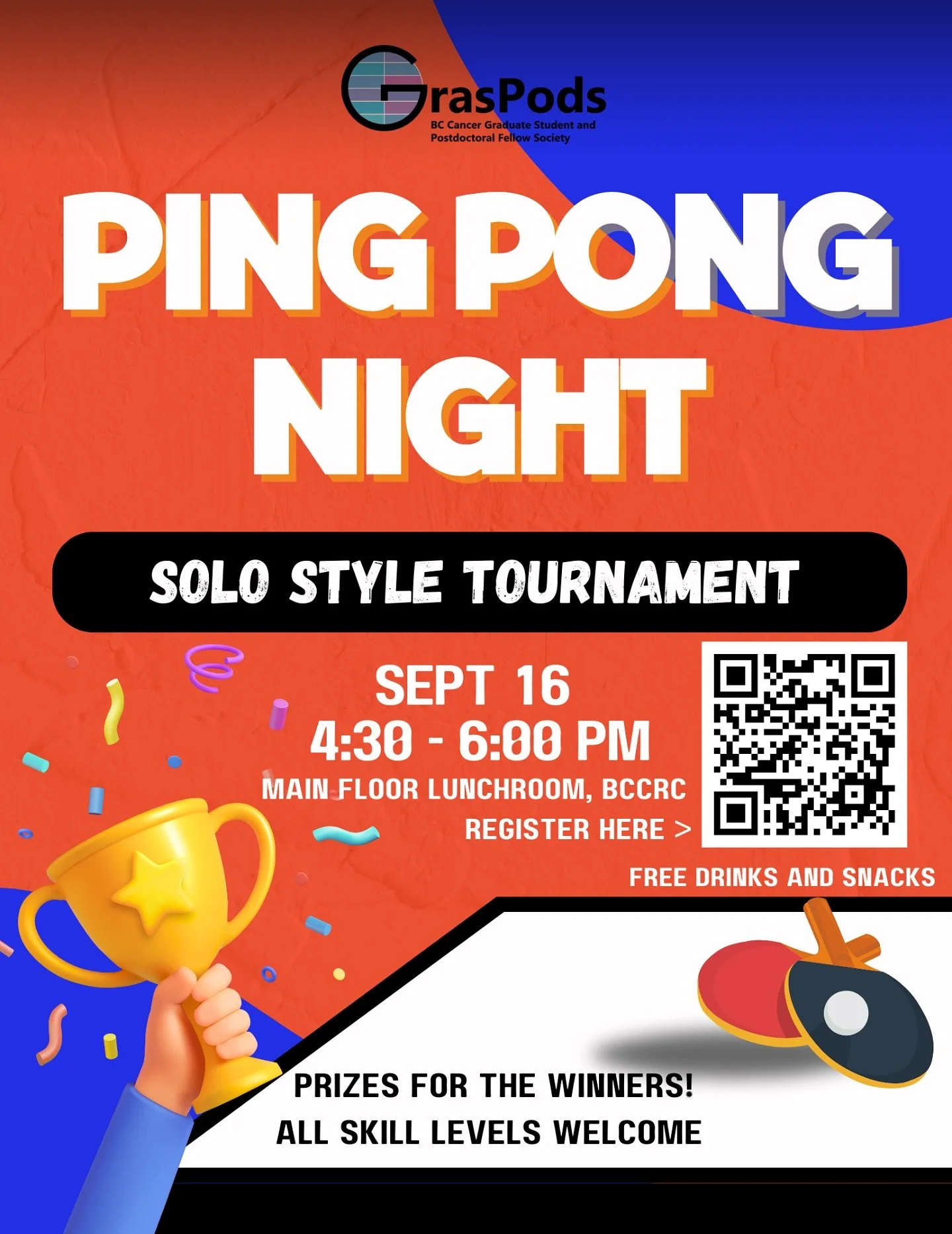 Welcome month Ping Pong Tournament is happening on Tuesday! 🏓 There will be prizes for winners 🏆 and all skill levels are welcomed!! Snacks and drinks will be provided  as well 😋

⏰ Tuesday Sept 16 | 4:30-6:30pm
📍Main floor lunchroom at BCCRC

Pl