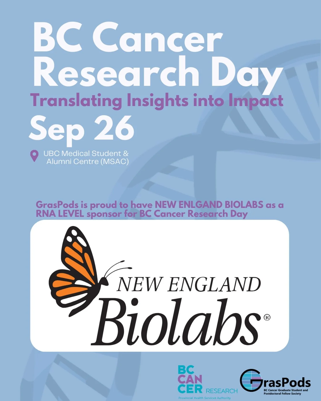 Thank you to NEB Canada for supporting BC Cancer Research Day 2025! 🦋🎉

Founded in 1974 by scientists for scientists, New England Biolabs has grown into a global leader in molecular biology. NEB Canada, established in 1990, has proudly supported Ca