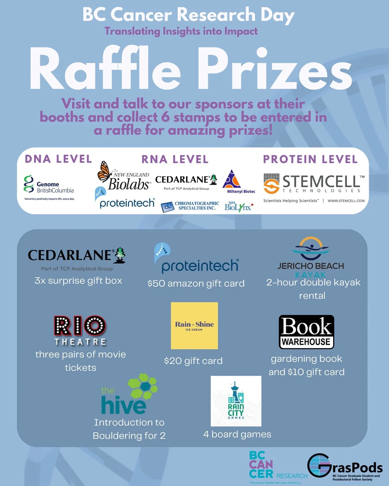 Research Day is this Friday!! 🤩😁 Get ready for an amazing day of talks, discussions and networking!

Be sure to grab a stamp card and visit and talk to the sponsor booths during lunch and/or poster sessions! Get 6 stamps to be entered for a raffle 