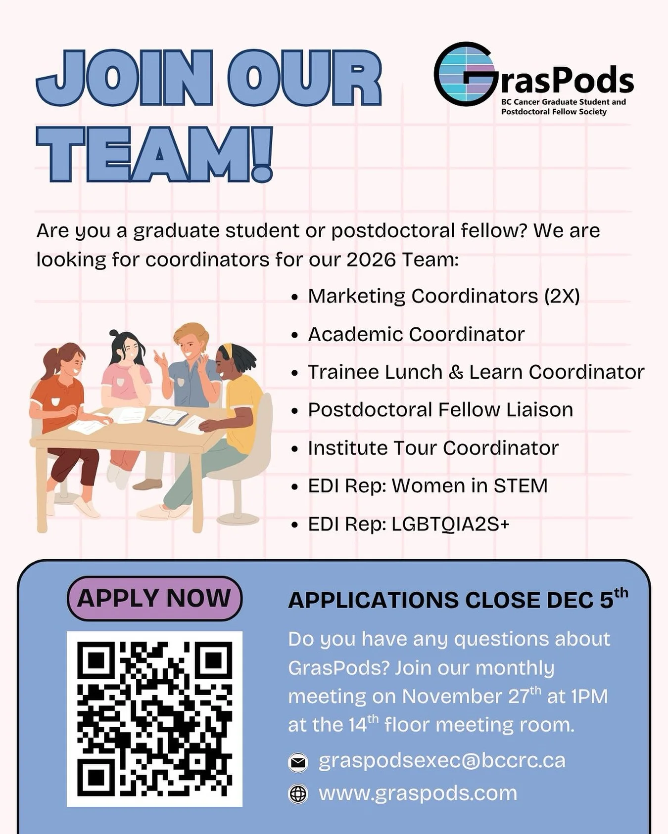 Hey everyone!
Are you interested in getting involved with GrasPods, the BCCRI community, or help organize academic and social events? Then join our GrasPods 2026 team and be part of something exciting! 😄 

Curious about what happens in our monthly G
