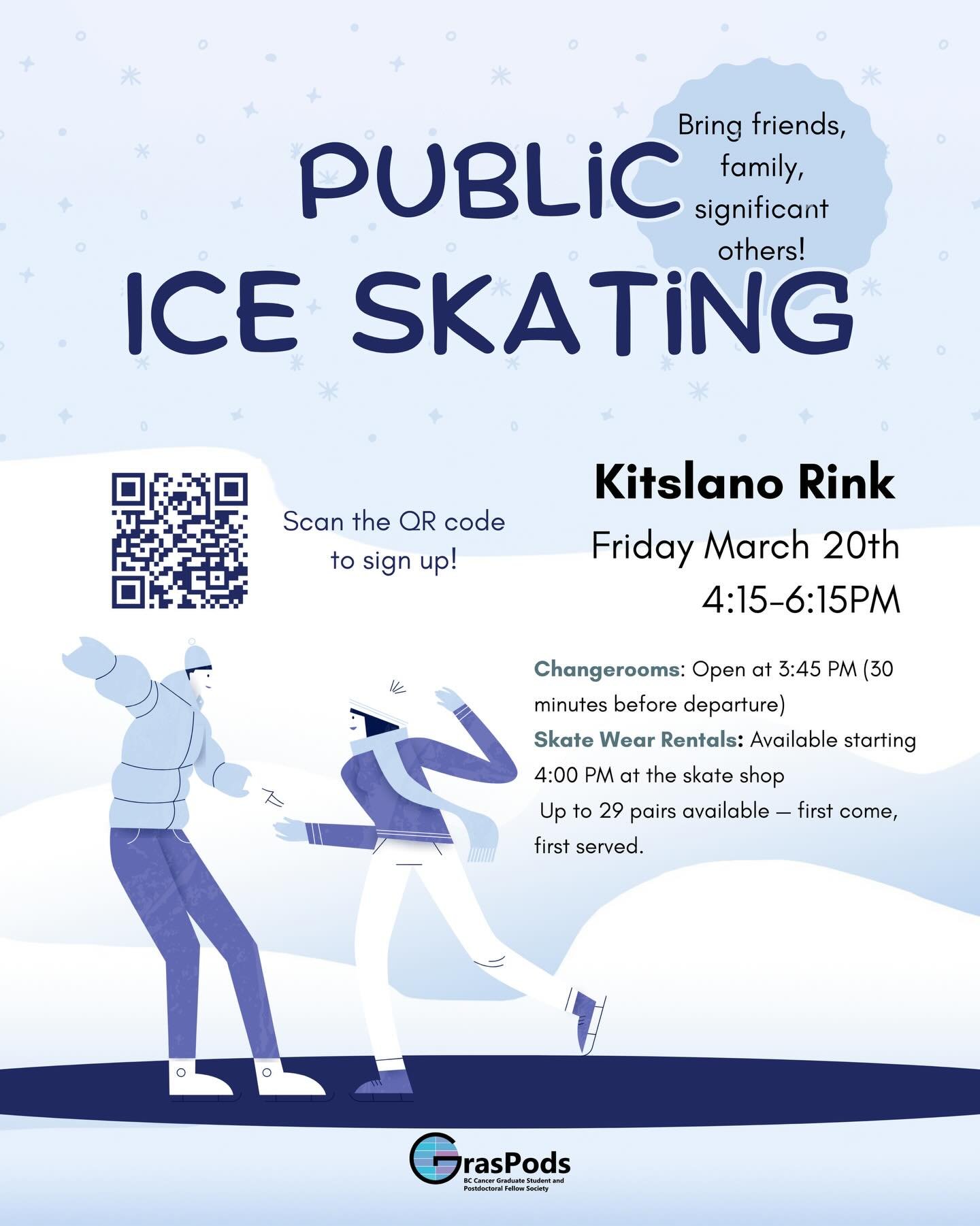 ⛸️ GrasPods Ice Skating Social ⛸️

Join us for an afternoon on the ice! Whether you&lsquo;re a seasoned skater or trying it for the first time, come skate, hang out, and bring your friends along.

📅 When: Friday, March 20
Ice time: 4:15 PM &ndash; 6
