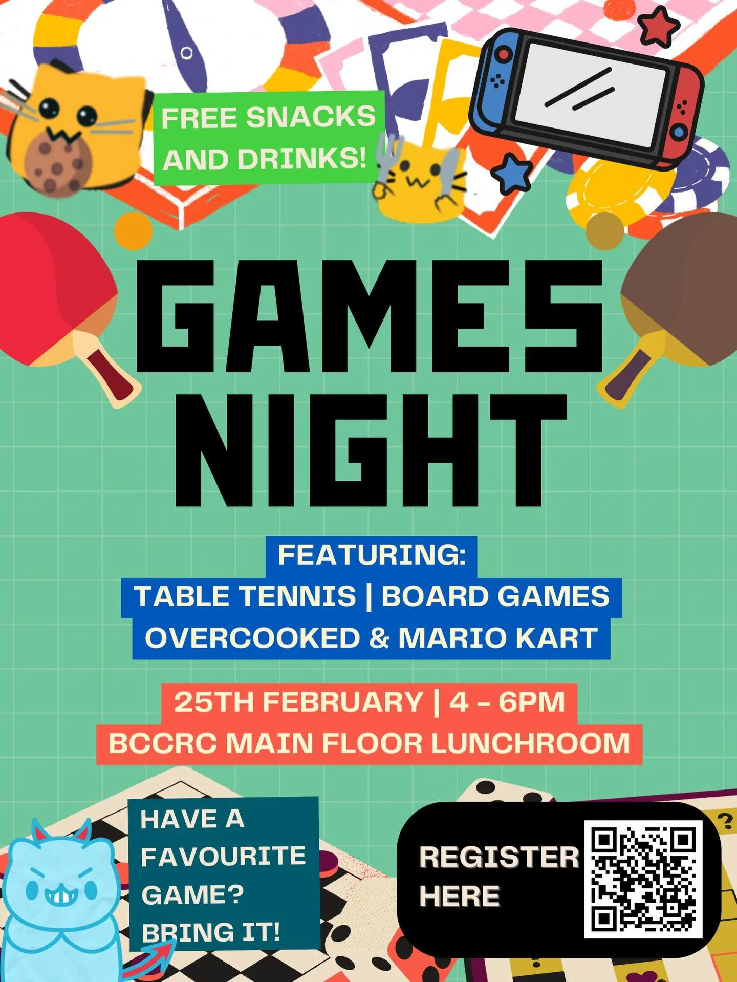 We&rsquo;re excited to invite you to GrasPods Games Night 

⏰ February 25, Wed, 4&ndash;6 PM 
📍 Main Floor Lunch Room!

We&rsquo;ll have:

🏓 Table tennis

🎲 Board games

🎮 Video games (Overcooked &amp; Mario Kart)

🤗 Feel free to bring your own 