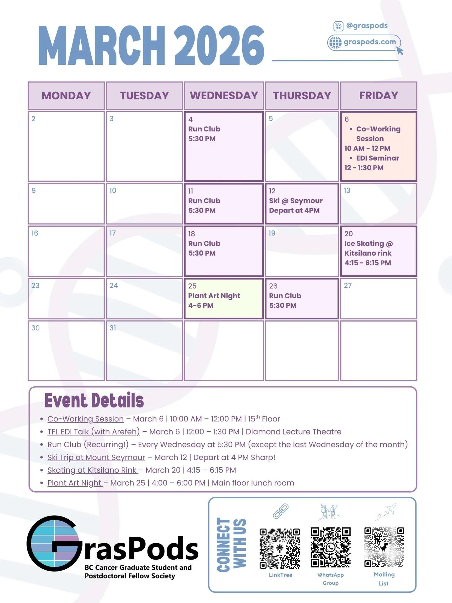 🌿 March with GrasPods 🌿
Save the dates 👇

☕ Co-Working Session
📅 March 6 | ⏰ 10:00 AM &ndash; 12:00 PM
📍 15th Floor

🎤 TFL EDI Talk (with Arefeh)
📅 March 6 | ⏰ 12:00 &ndash; 1:30 PM
📍 Diamond Lecture Theatre

🏃&zwj;♀️ Run Club (Recurring!)
?