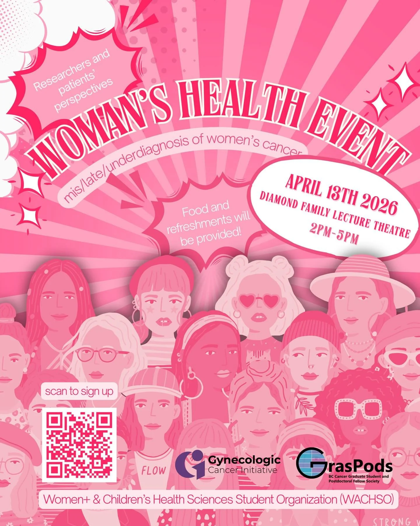 🌸 Women&rsquo;s Health Event 🌸

⏰ April 13th from 2&ndash;5 PM 
📍 Diamond Family Lecture Theatre at BCCRC

This year&rsquo;s theme explores the misdiagnosis, late diagnosis, and underdiagnosis of women&rsquo;s cancers and reproductive health condi