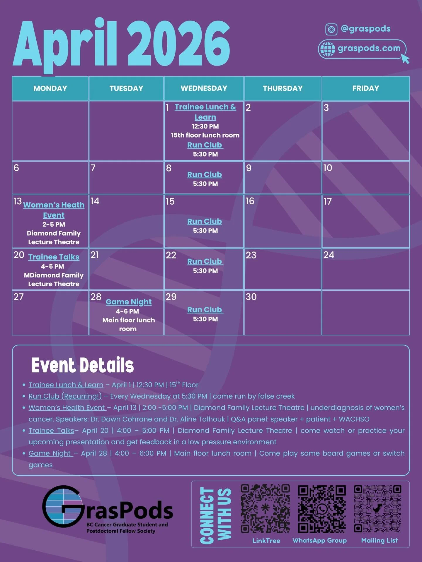 April events are HERE 🌷✨

🥪 Trainee Lunch &amp; Learn
April 1 | 12:30 PM | 15th Floor

🏃&zwj;♀️ Run Club (Recurring!)
Every Wednesday | 5:30 PM
Come run with us by False Creek 🌊

👩🏻&zwj;🔬 Women&rsquo;s Health Event
April 13 | 2:00&ndash;5:00 P