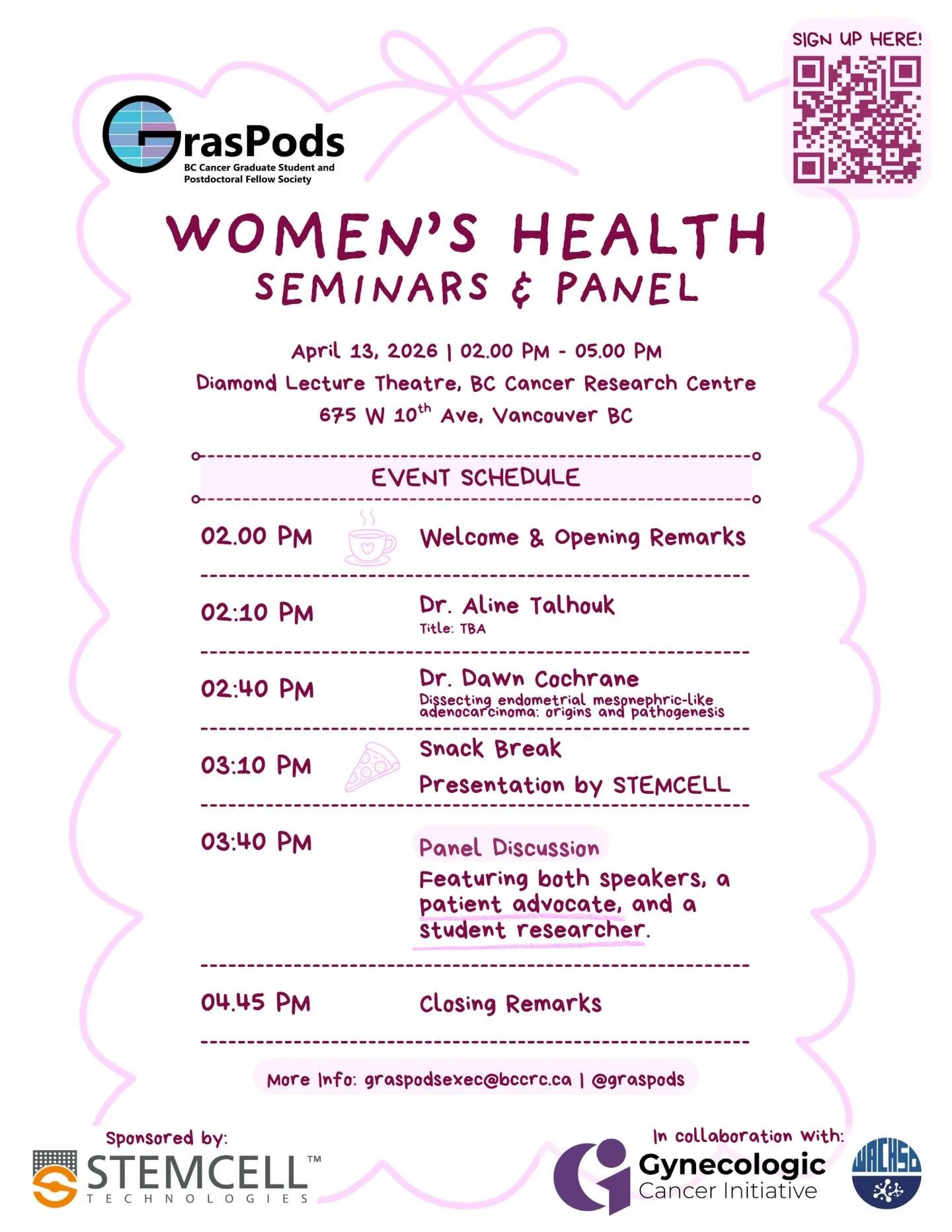 🌸 Women&rsquo;s Health Event Schedule 🌸

Featured panel discussion with patient advocate! 

Food/pastries/coffees will be provided!

Thanks to STEMCELL for sponsoring this meaningful event 🩷