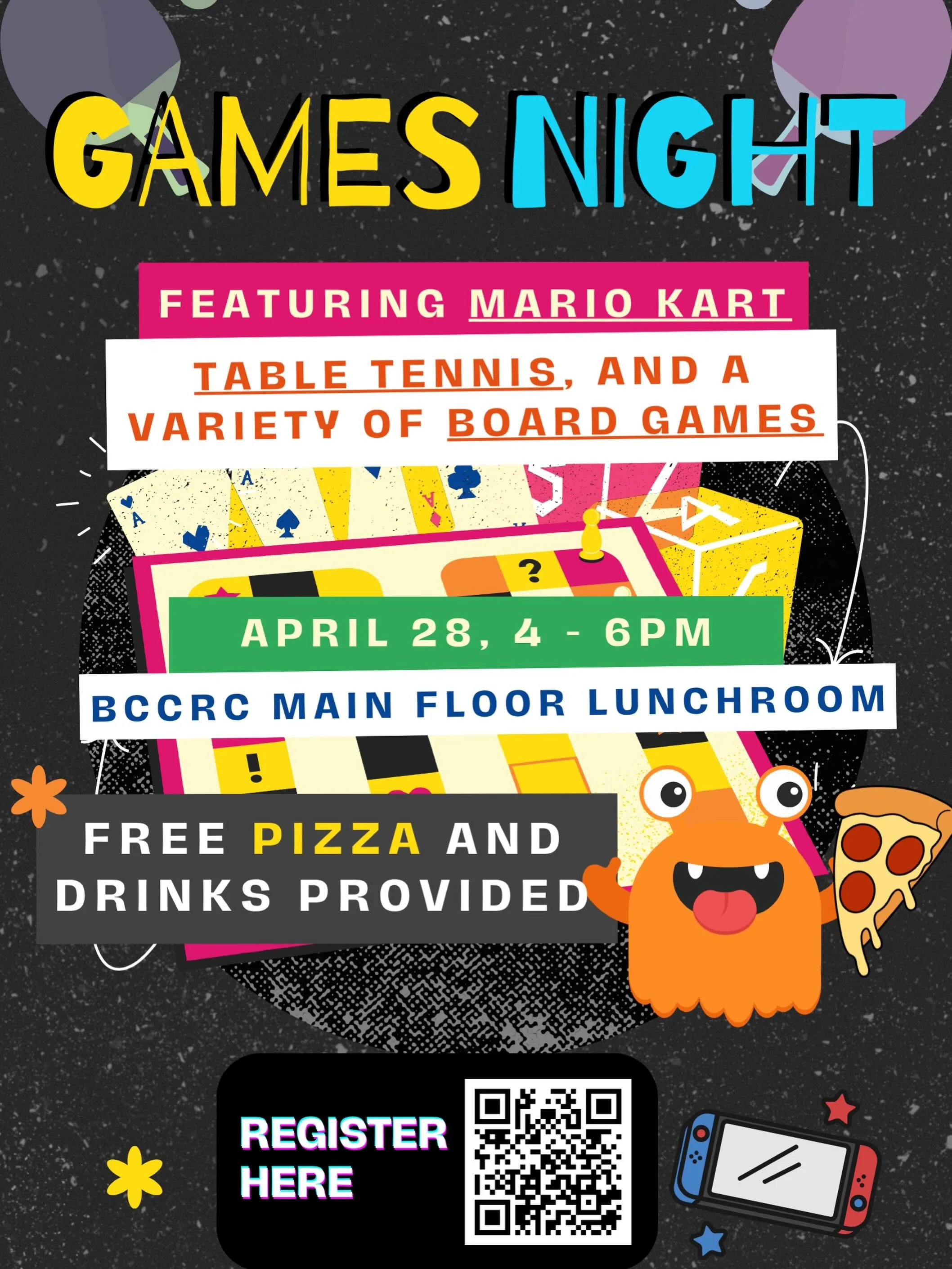 🎮🏓 Games Night is back! 🃏🍕

Take a break and come hang out with us for a chill evening of games, food, and good company!

🗓 April 28
⏰ 4&ndash;6 PM
📍 Main Floor Lunch Room

We&rsquo;ve got:
🏓 Table tennis
🎲 Board games
🎮 Video games (Overcoo