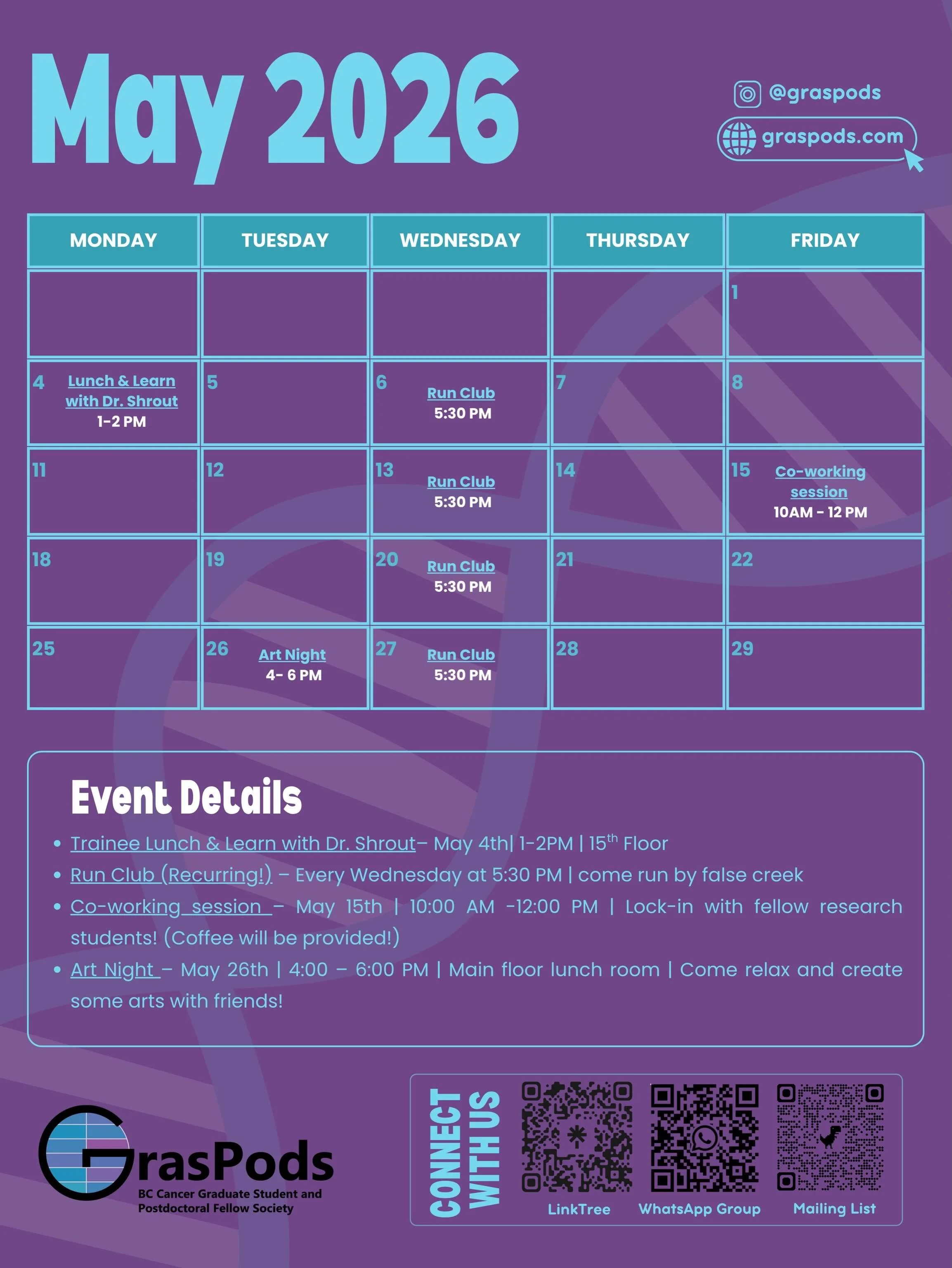 🌸 May Events Lineup 🌸

🧠 Trainee Lunch &amp; Learn with Rosie Shrout
📅 May 4 | ⏰ 1&ndash;2 PM | 📍 15th Floor
Come hear from Dr. Shrout and dive into how stress, relationships, and health intersect&mdash;perfect for anyone interested in psych, he