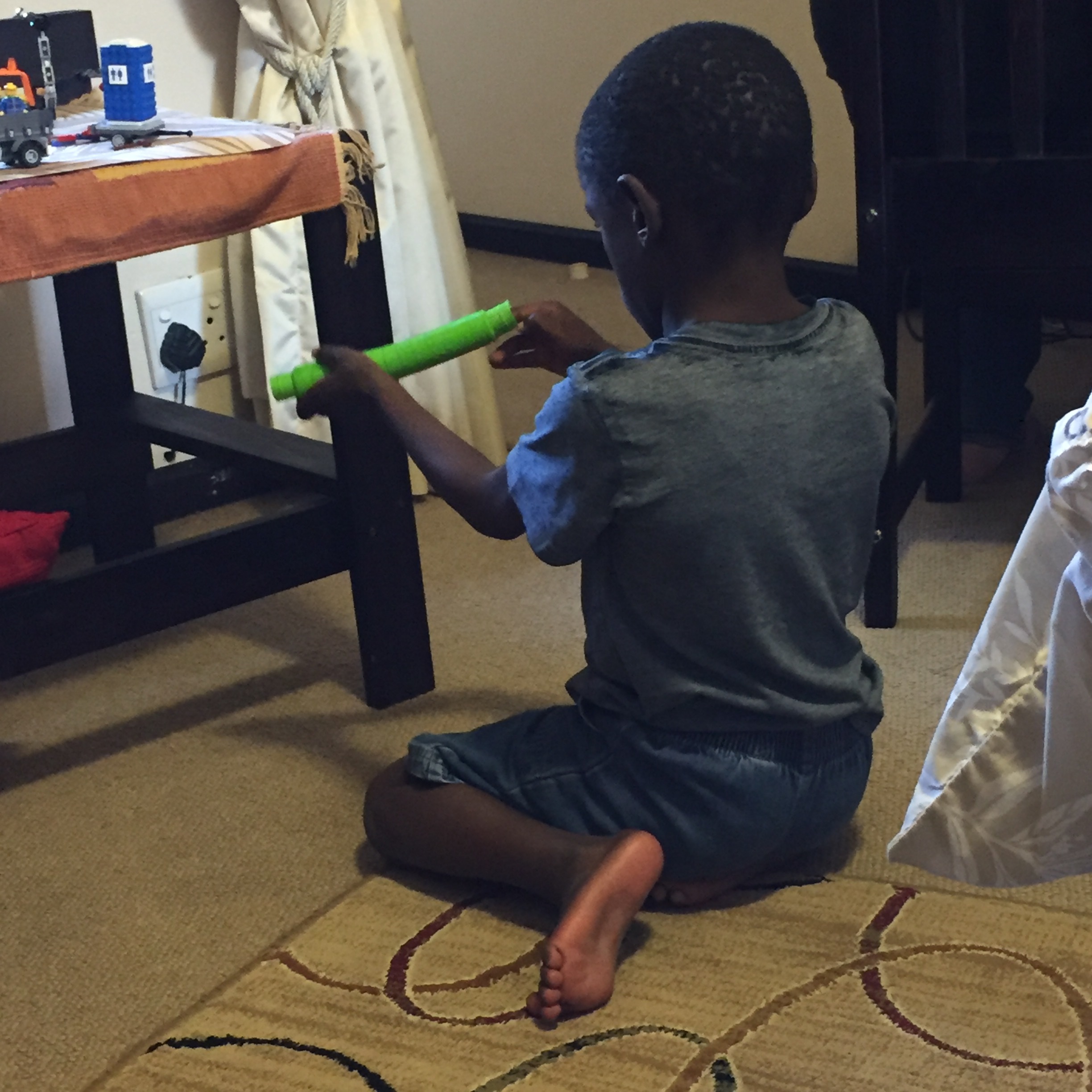 T playing with an accordion thingy. He keeps shoving Lego people into it and they keep getting stuck. My life now includes rescuing stuck Lego people. And yes, that's a Lego port-o-let in the top left corner.