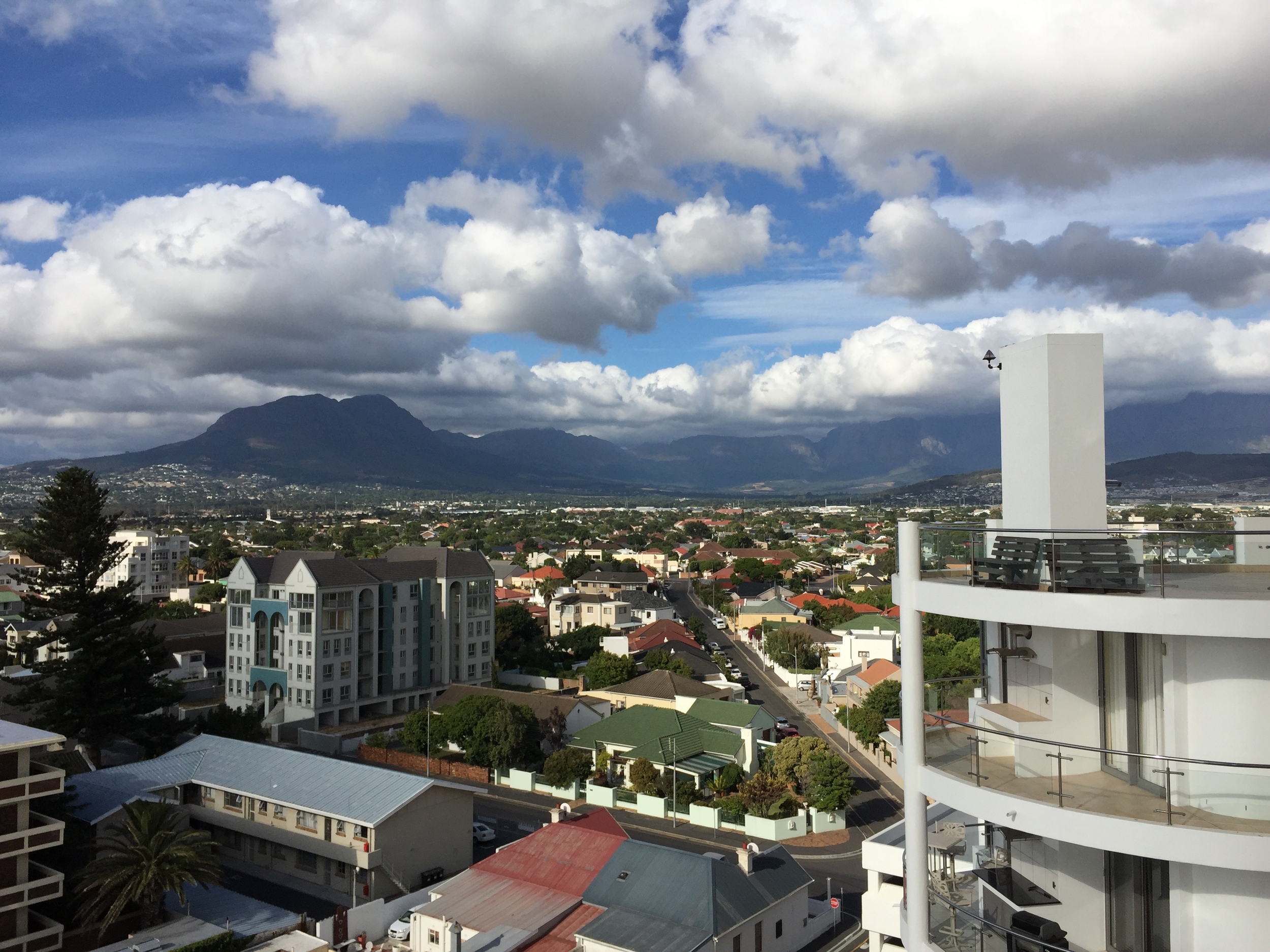 The view of the mountains from our balcony (the beach is visible to the other direction)