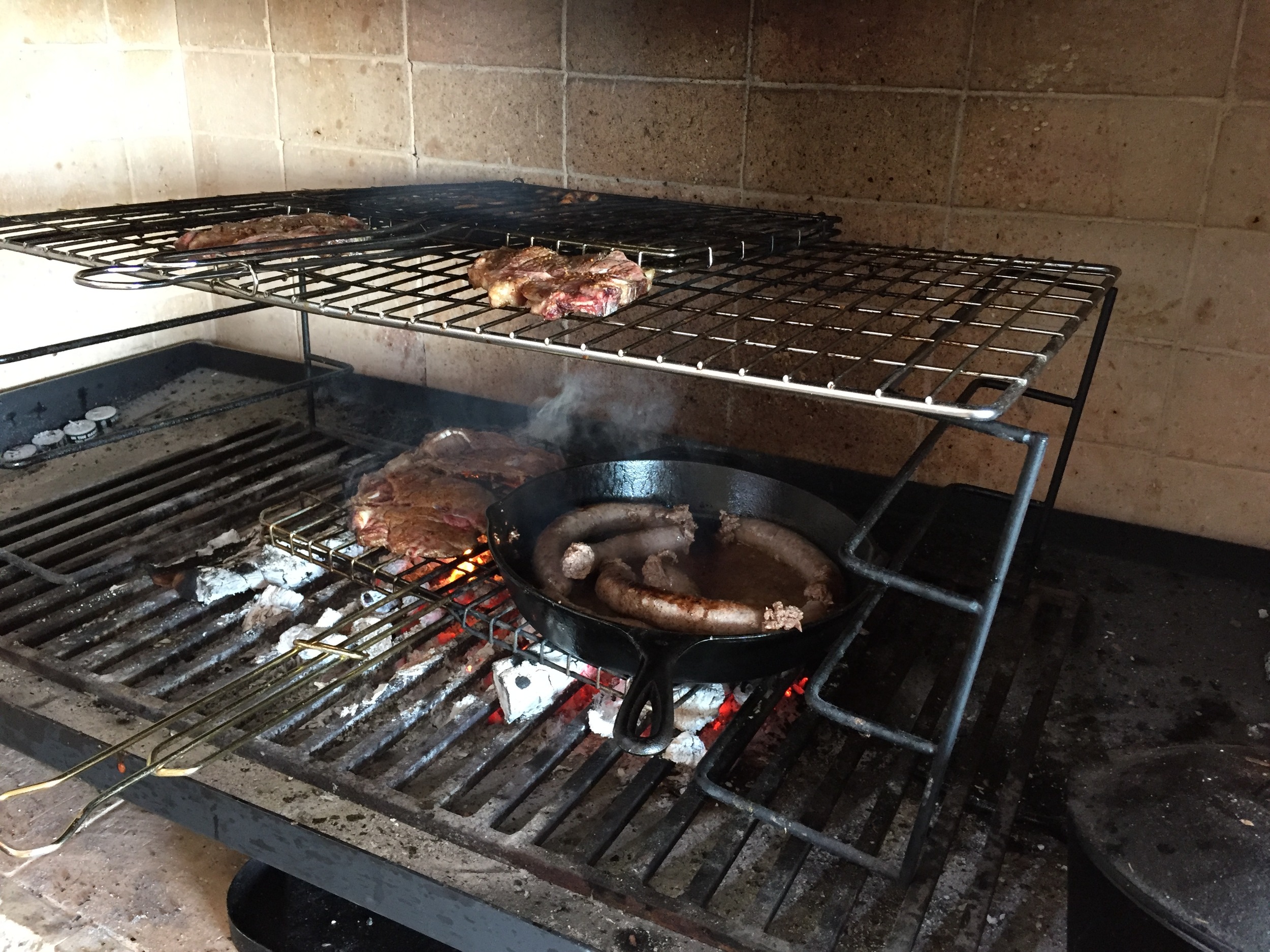 Boom! Steaks, chicken kabobs, boerewors (farmers' sausage).