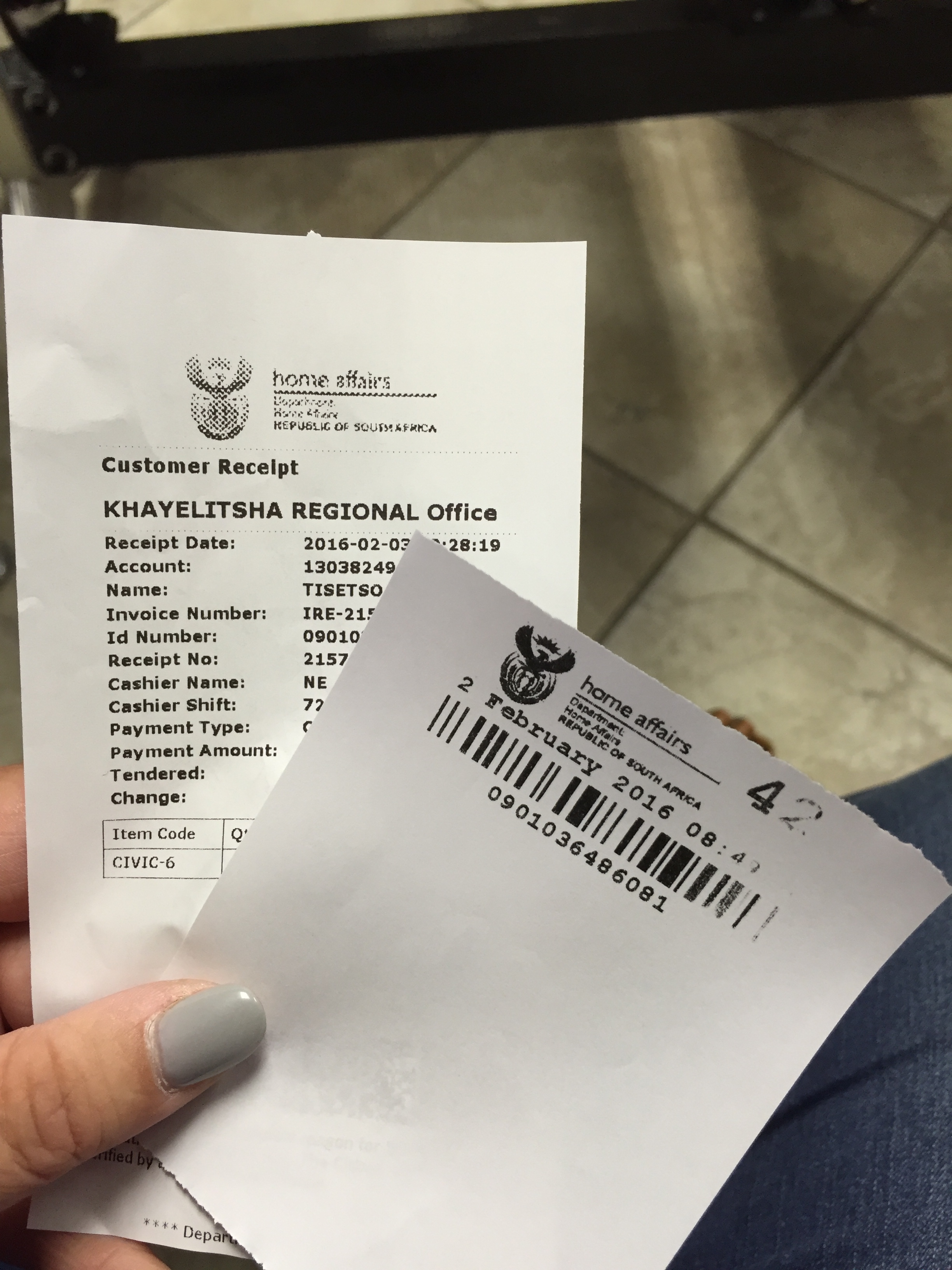 Paperwork to pick up Tisetso's passport.