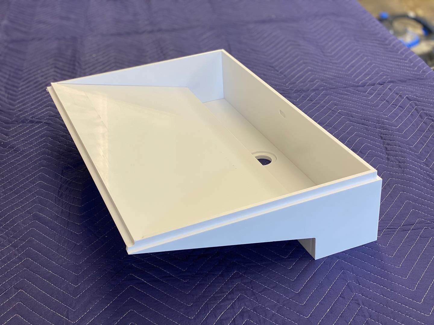 This CNC cut Corian sink features some funky two sided cutting. Once assembled with color matched adhesive, the sink will mount flush to a corian countertop and be completely seamless. Email us if you have some high tolerance router projects ! 👽