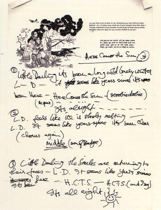 Hand written lyrics to 'Here Comes the Sun'