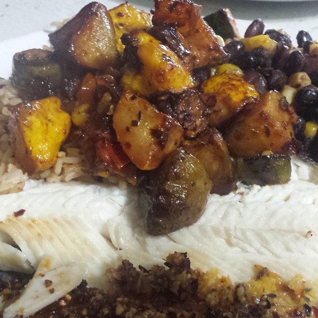 grill rainbow trout with brown rice and LFK sauteed veggies