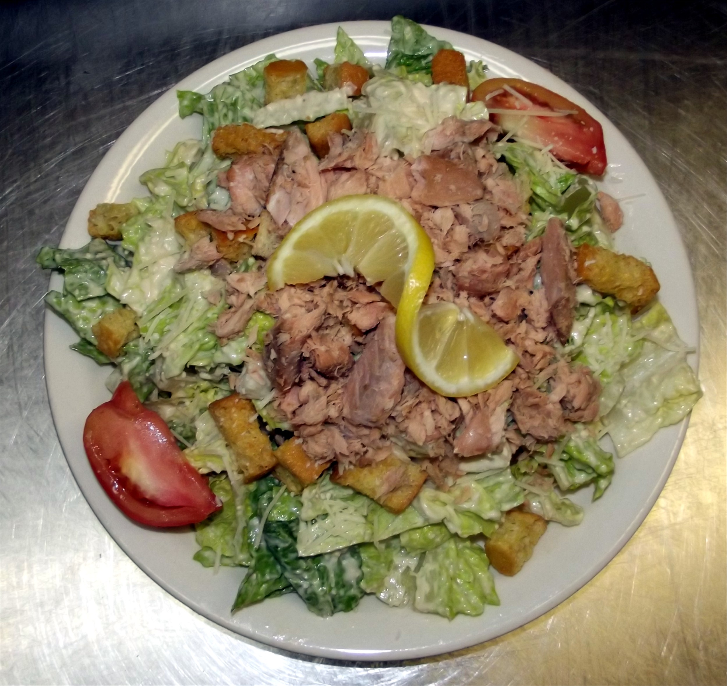 Caesar Salad topped with Smoked Salmon