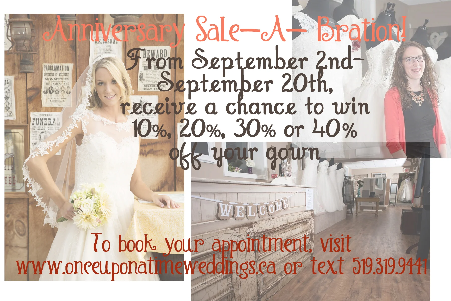 Also to celebrate our Anniversary & our kick off to buying accessories online, receive 10% off any accessories in our online store. Simply use the code ANNIVERSARY at checkout. If you would rather pick the accessories up at the store & save yourself the shipping, then email me at info@onceuponatimeweddings.ca for a code to take the shipping off.